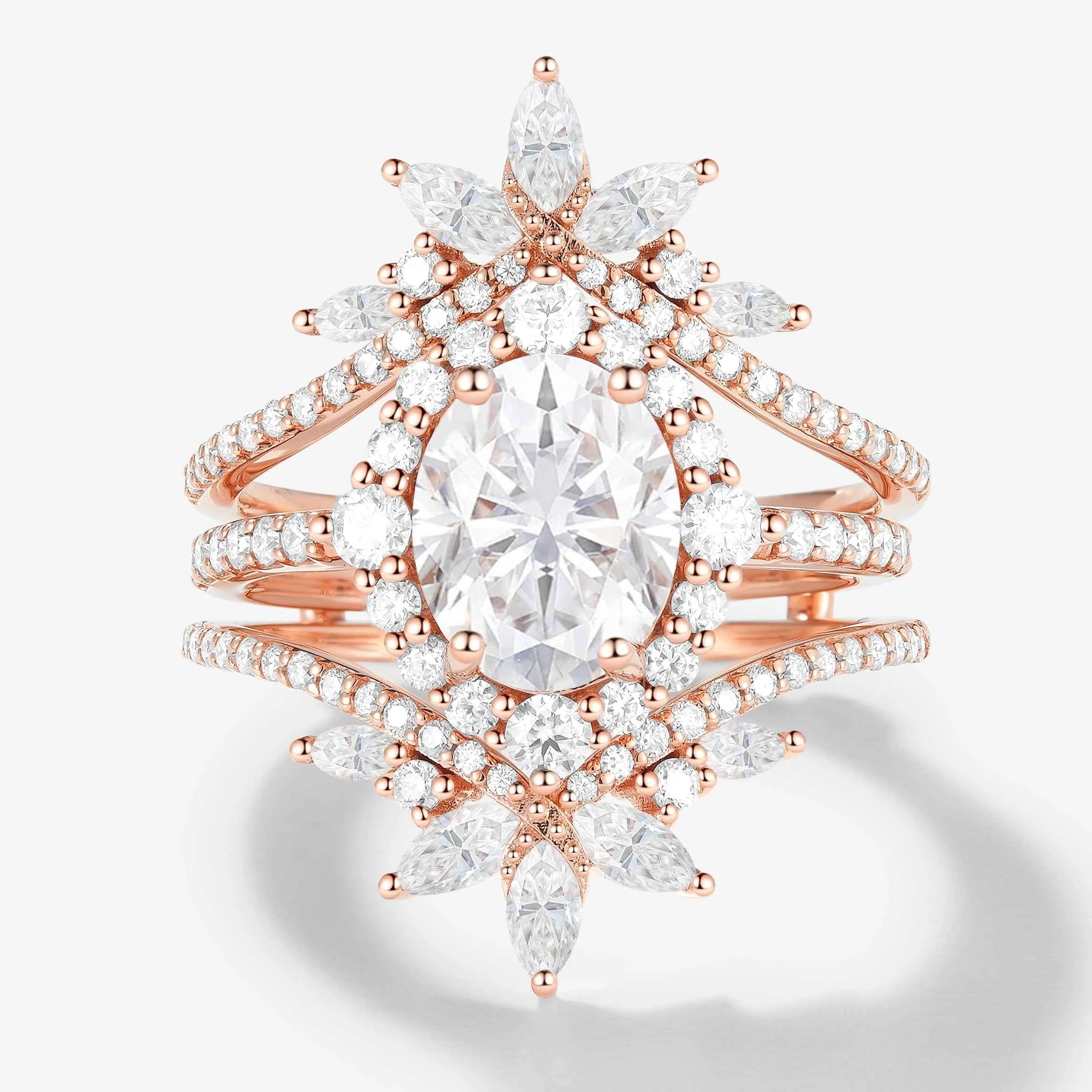 Classic Oval Moissanite Halo Engagement Ring & Vintage Enhancer Double Wedding Band 2Pcs Set