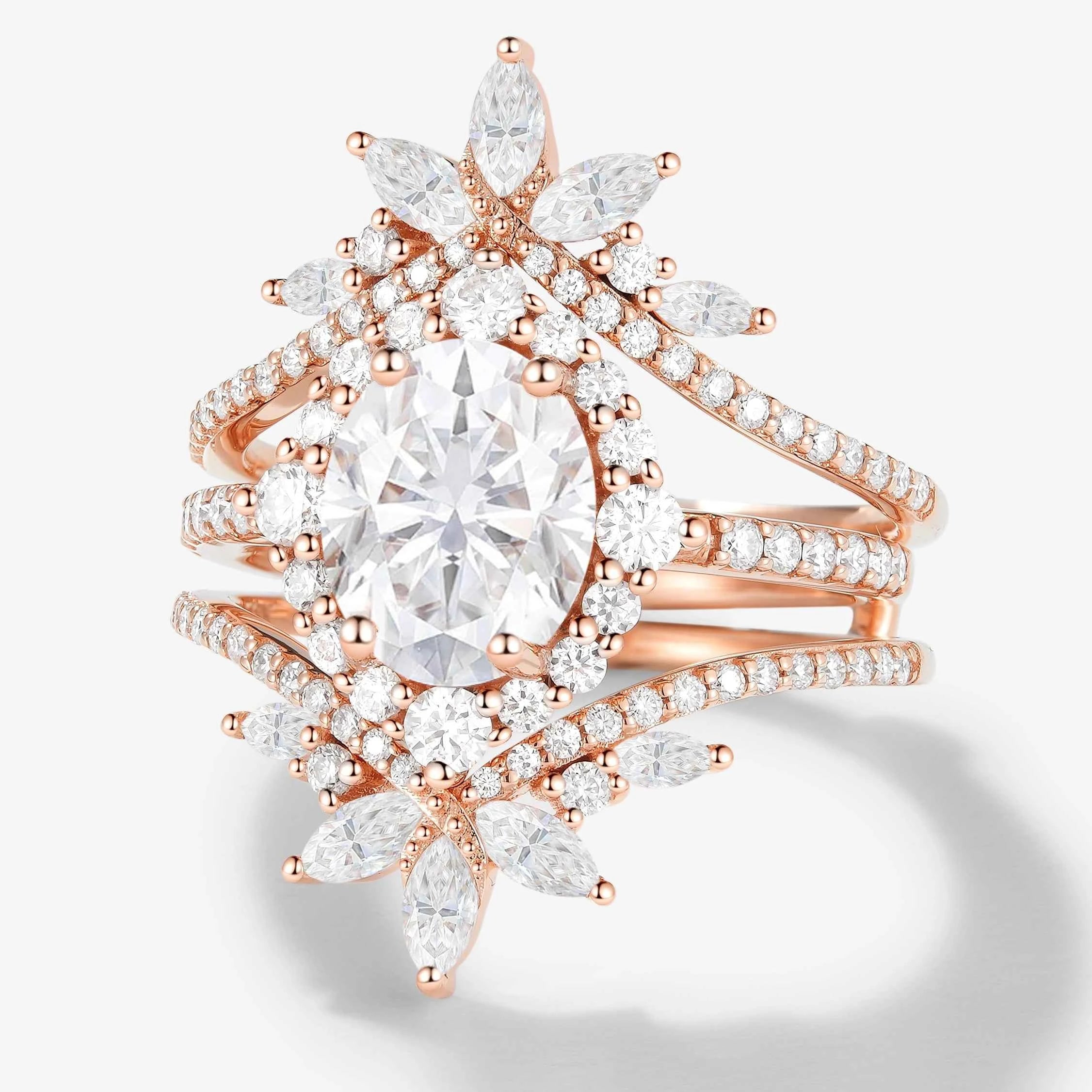 Classic Oval Moissanite Halo Engagement Ring & Vintage Enhancer Double Wedding Band 2Pcs Set