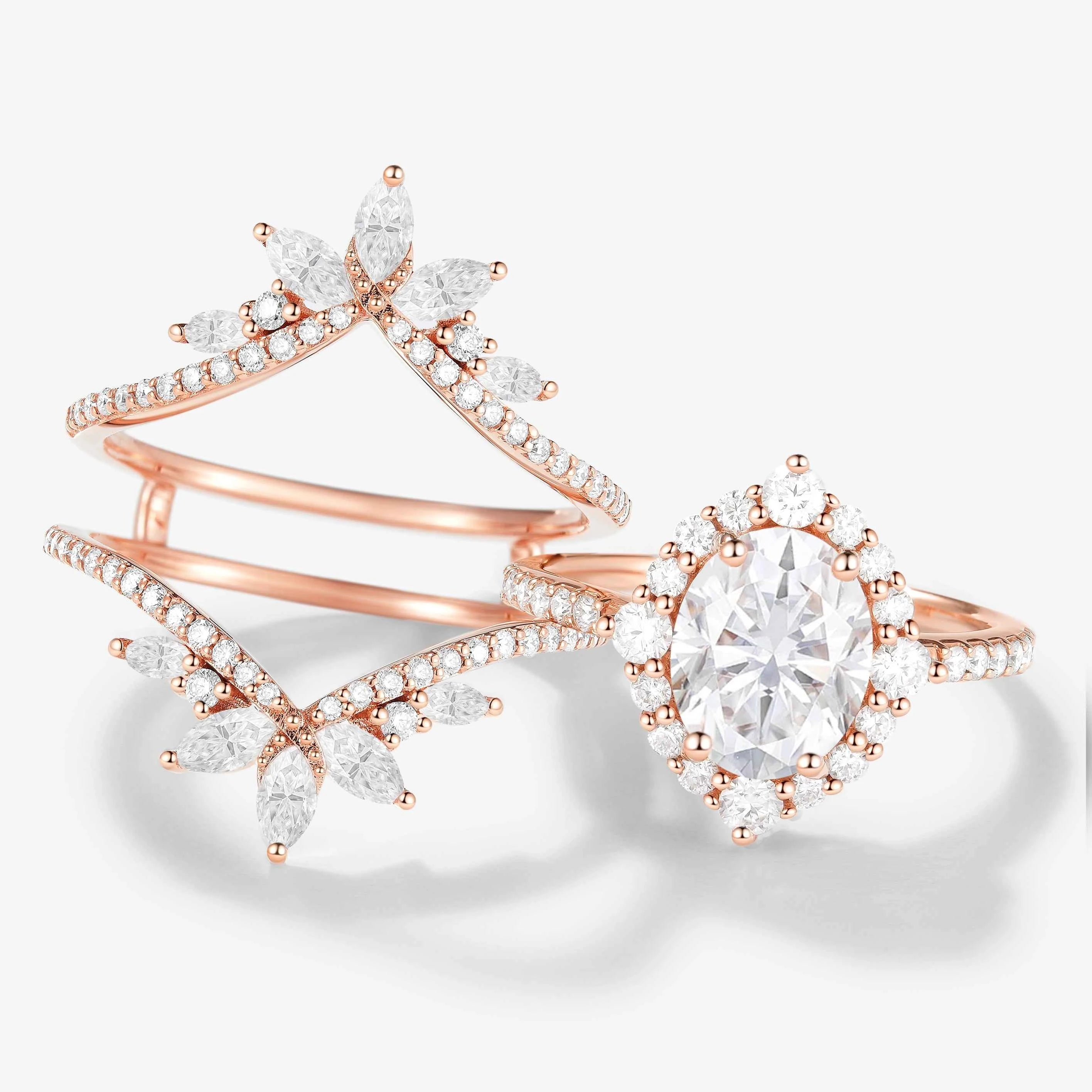 Classic Oval Moissanite Halo Engagement Ring & Vintage Enhancer Double Wedding Band 2Pcs Set