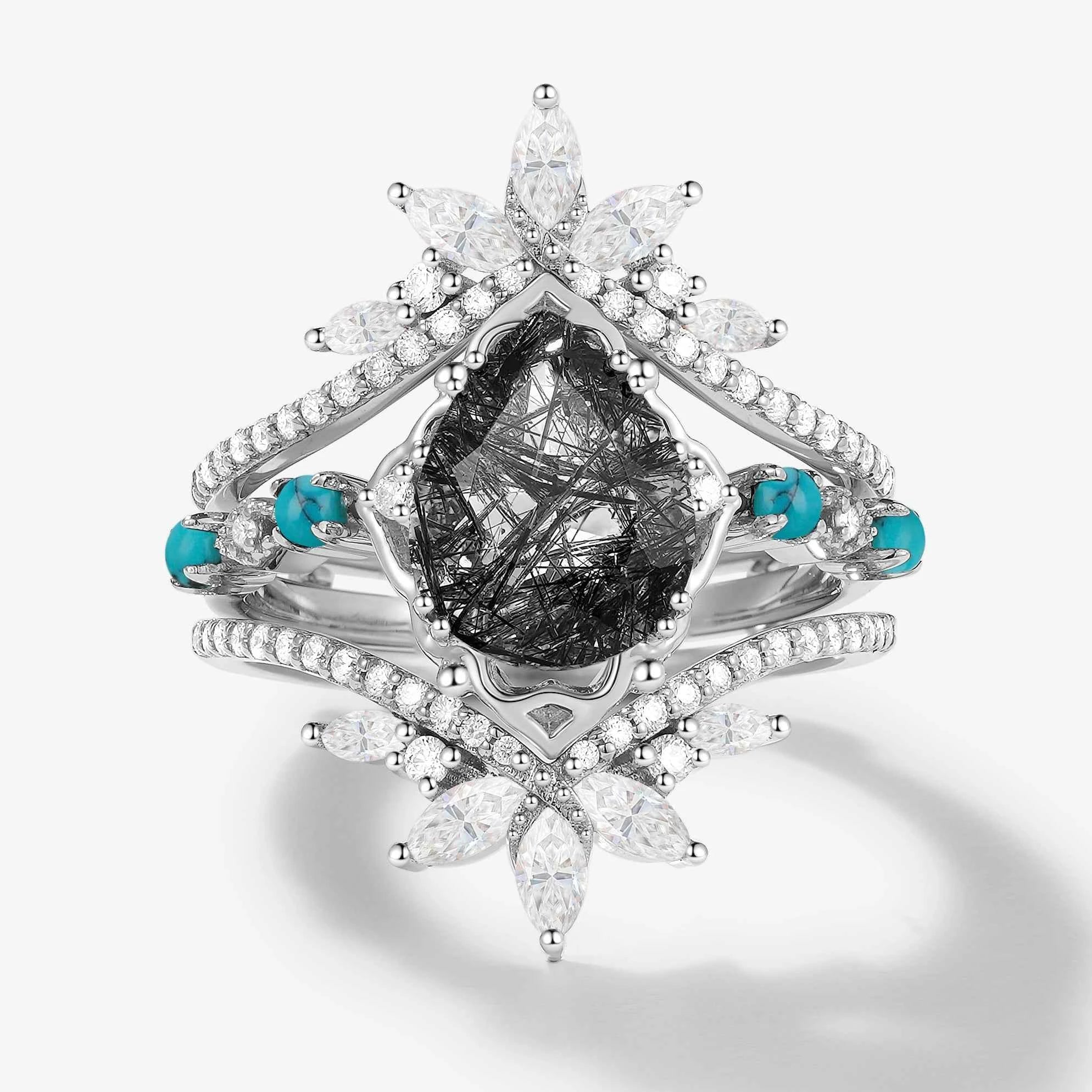 Pear Cut Black Rutilated Quartz Vintage Engagement Ring with Vintage Enhancer Wedding Bands 2 Pcs Set