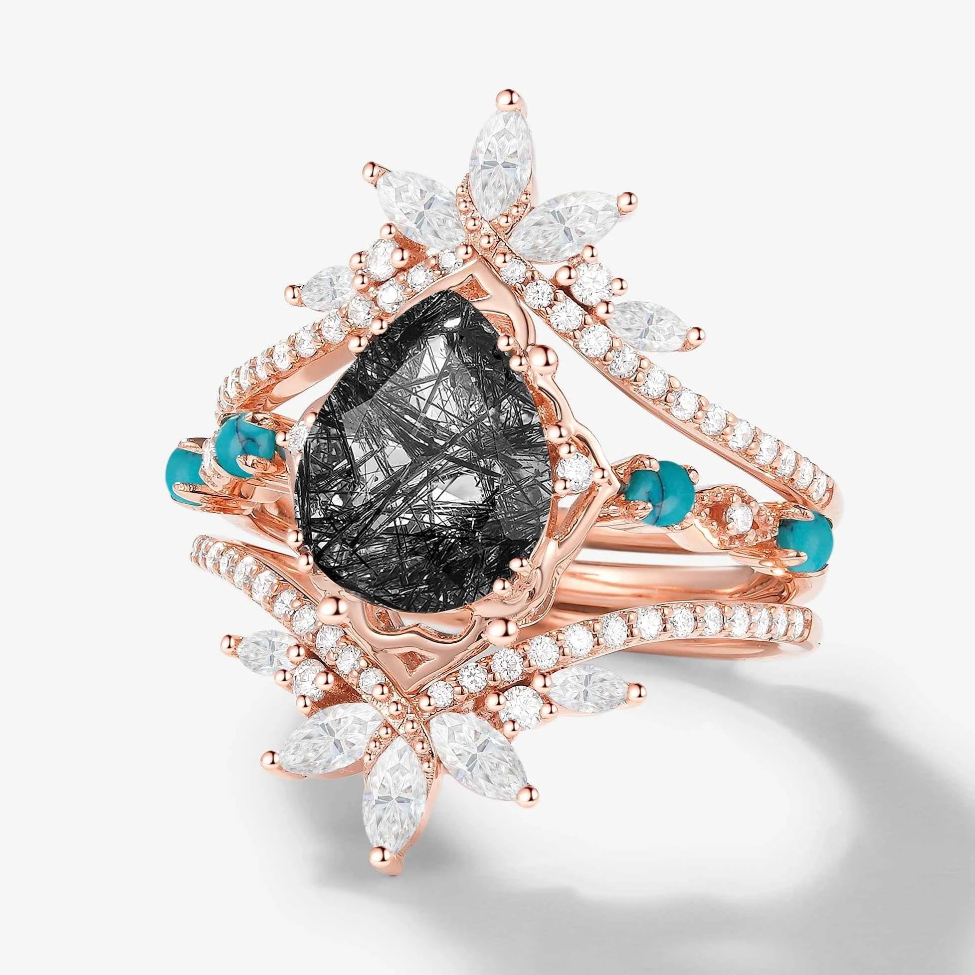 Pear Cut Black Rutilated Quartz Vintage Engagement Ring with Vintage Enhancer Wedding Bands 2 Pcs Set