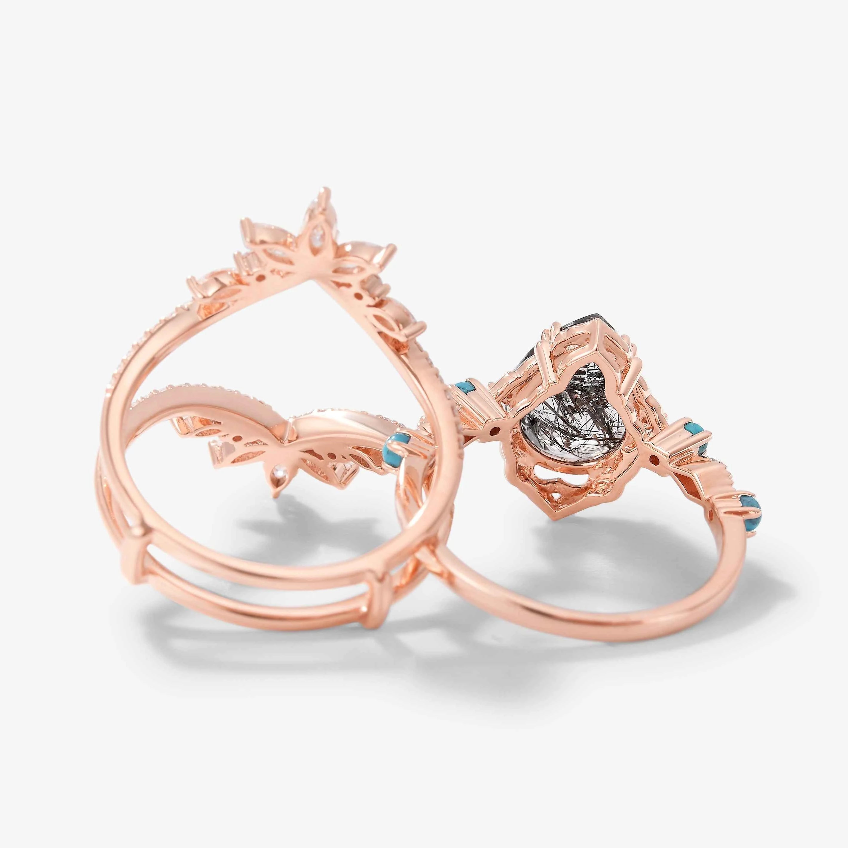 Pear Cut Black Rutilated Quartz Vintage Engagement Ring with Vintage Enhancer Wedding Bands 2 Pcs Set