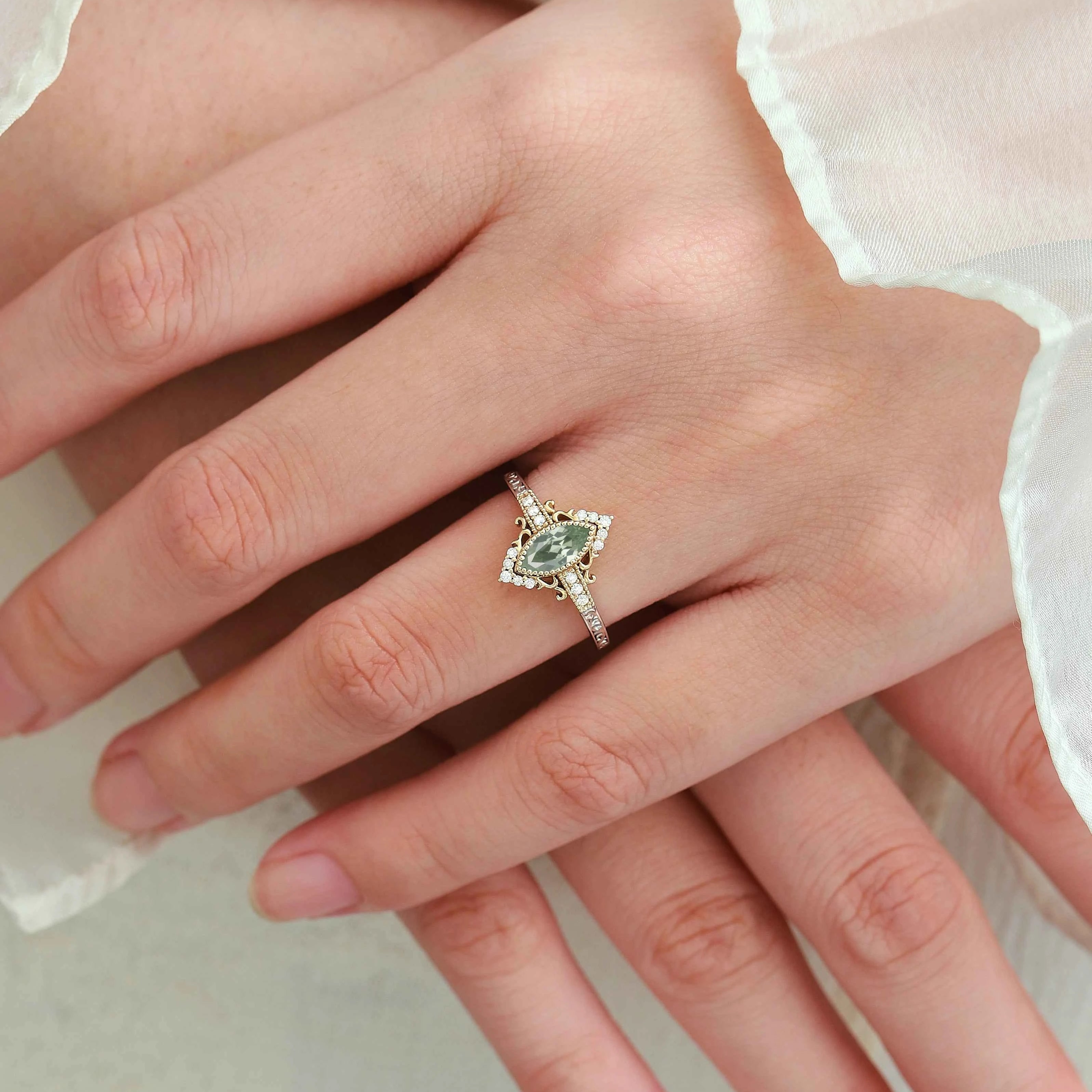 Bezel Setting & Milgrain Detailing Marquise-Cut Green Tsavorite Engagement Ring