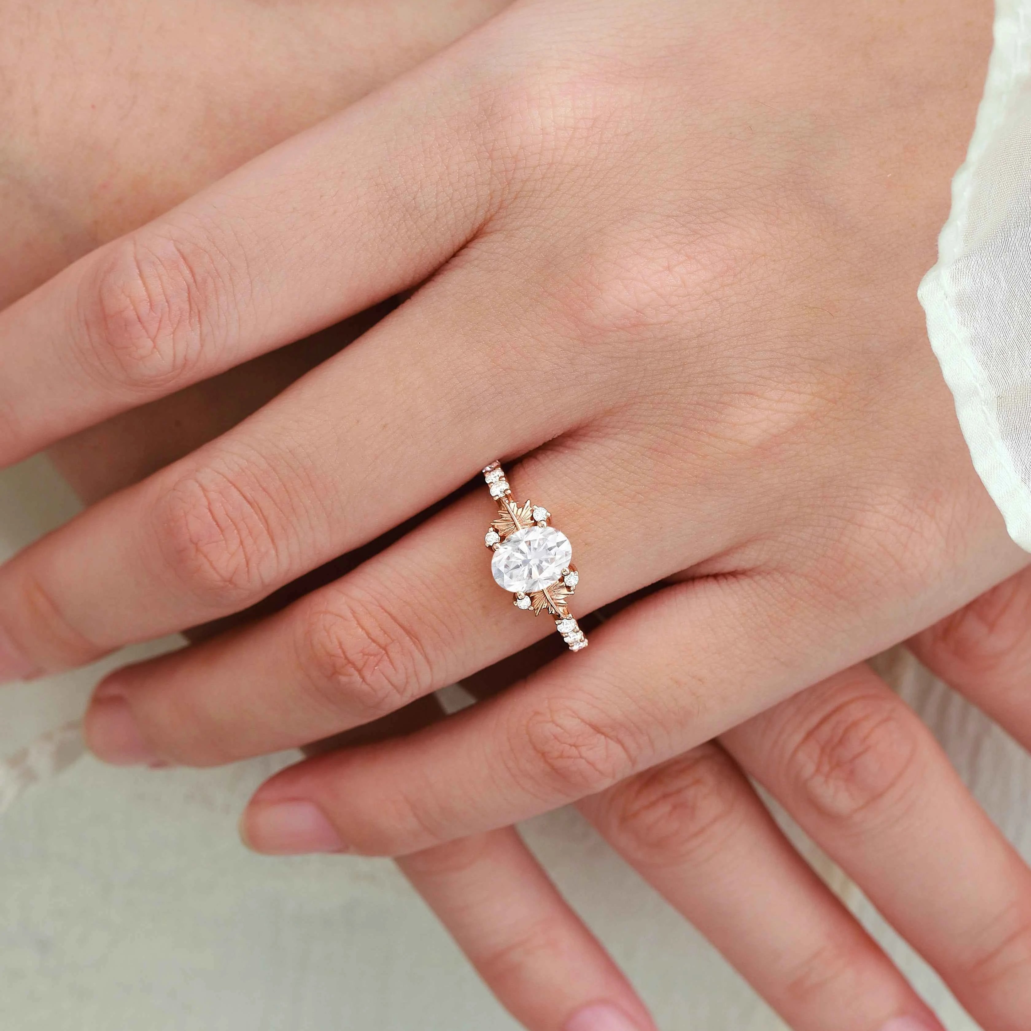 Maple Leaf Design Oval-Cut Moissanite Pavé Engagement Ring