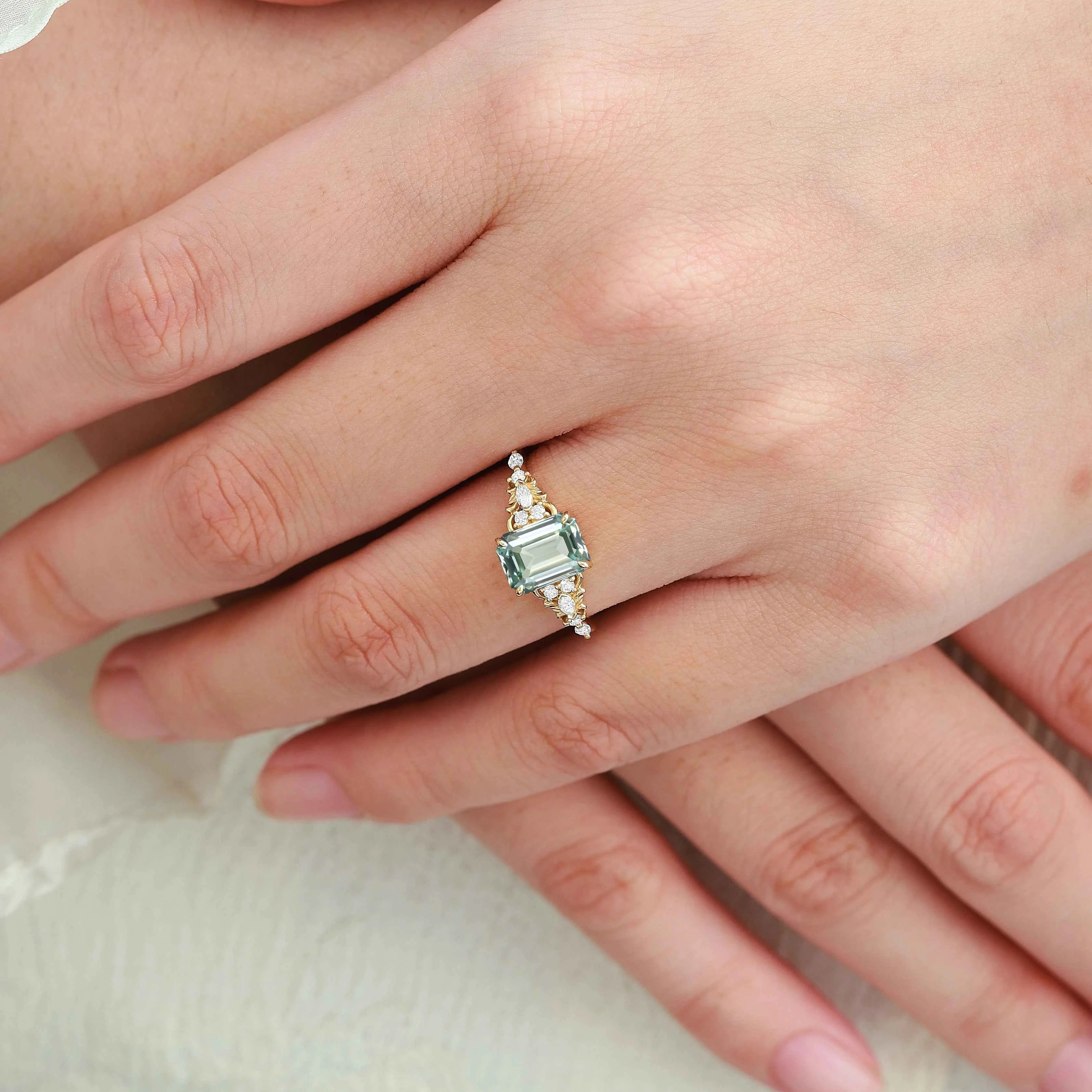 Nature-Inspired Emerald-Cut Green Sapphire Engagement Ring with Moissanite Accents