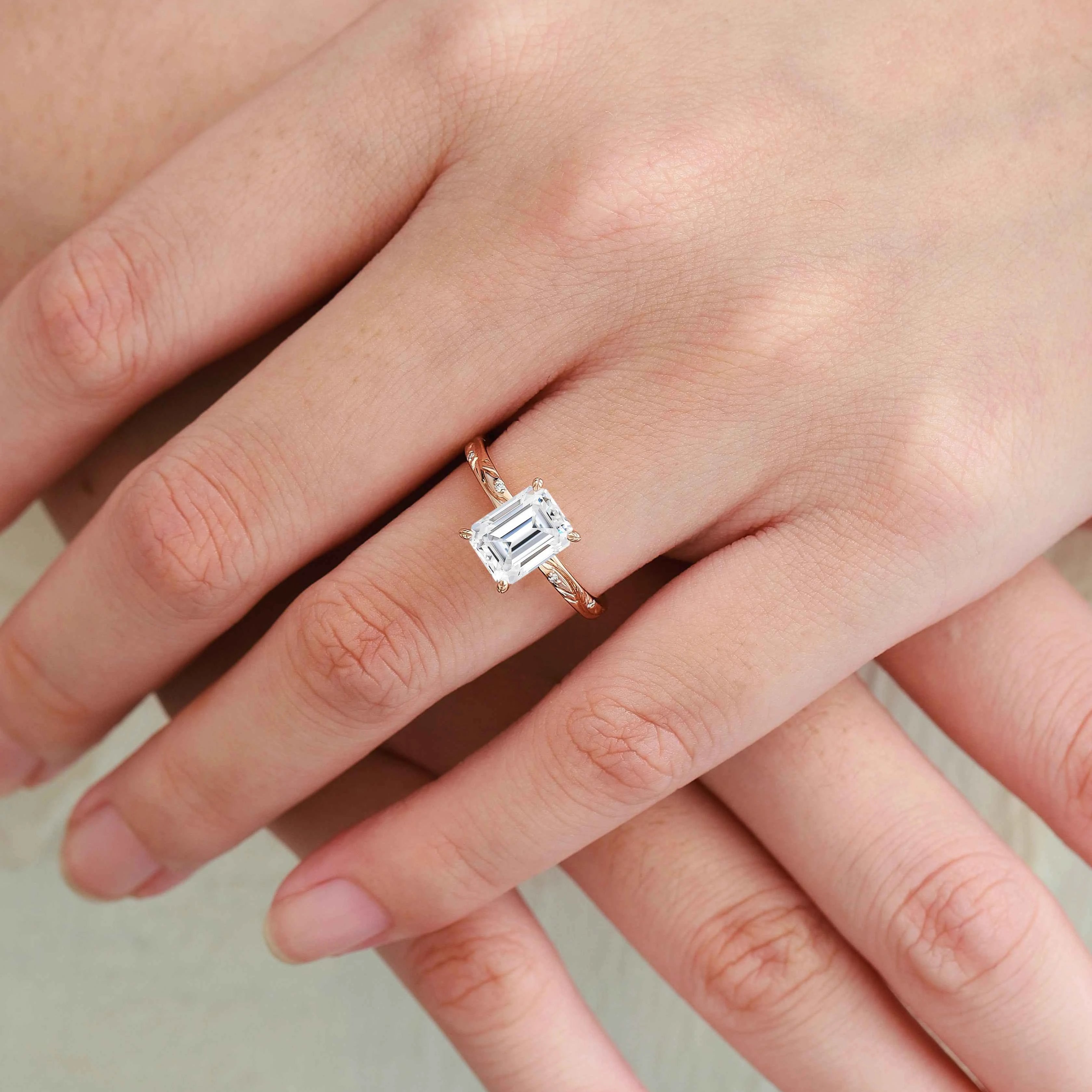 Minimalist Elegance Leaf Prong Emerald Cut Moissanite Engagement Ring