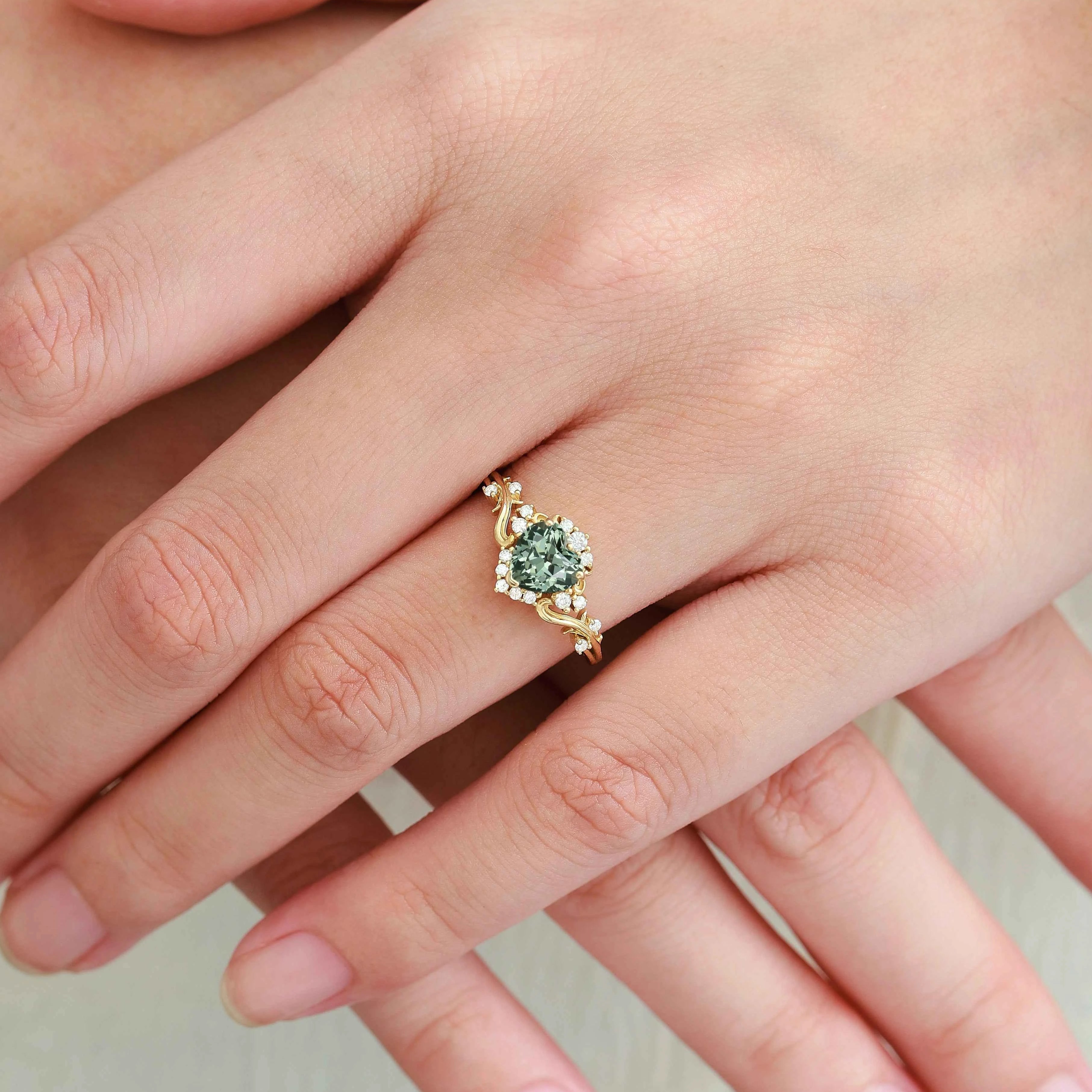 Heart-Cut Teal Sapphire & Moissanite Cluster Nature-Inspired Engagement Ring