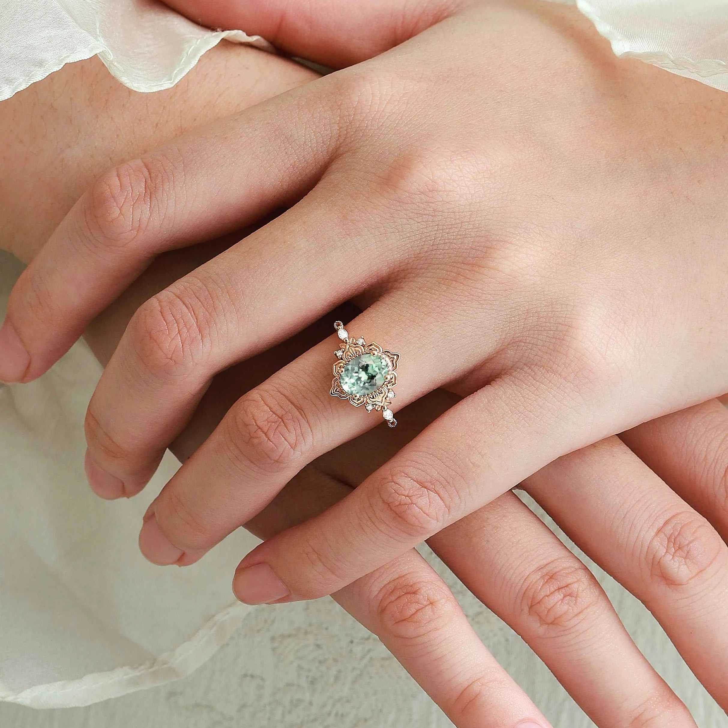 Oval Green Sapphire Nature-Inspired Leaf Vintage Halo Engagement Ring