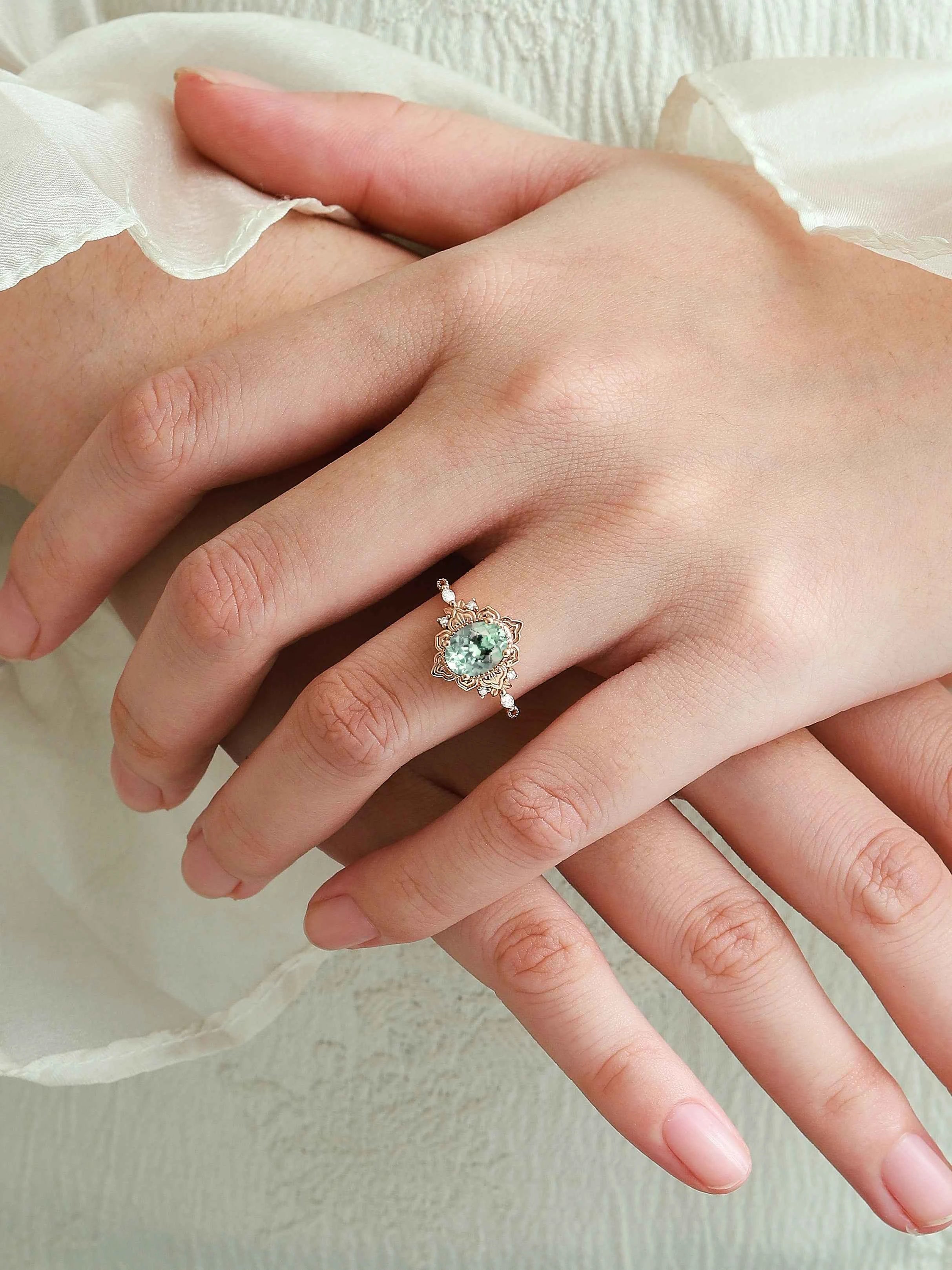 Oval Green Sapphire Nature-Inspired Leaf Vintage Halo Engagement Ring