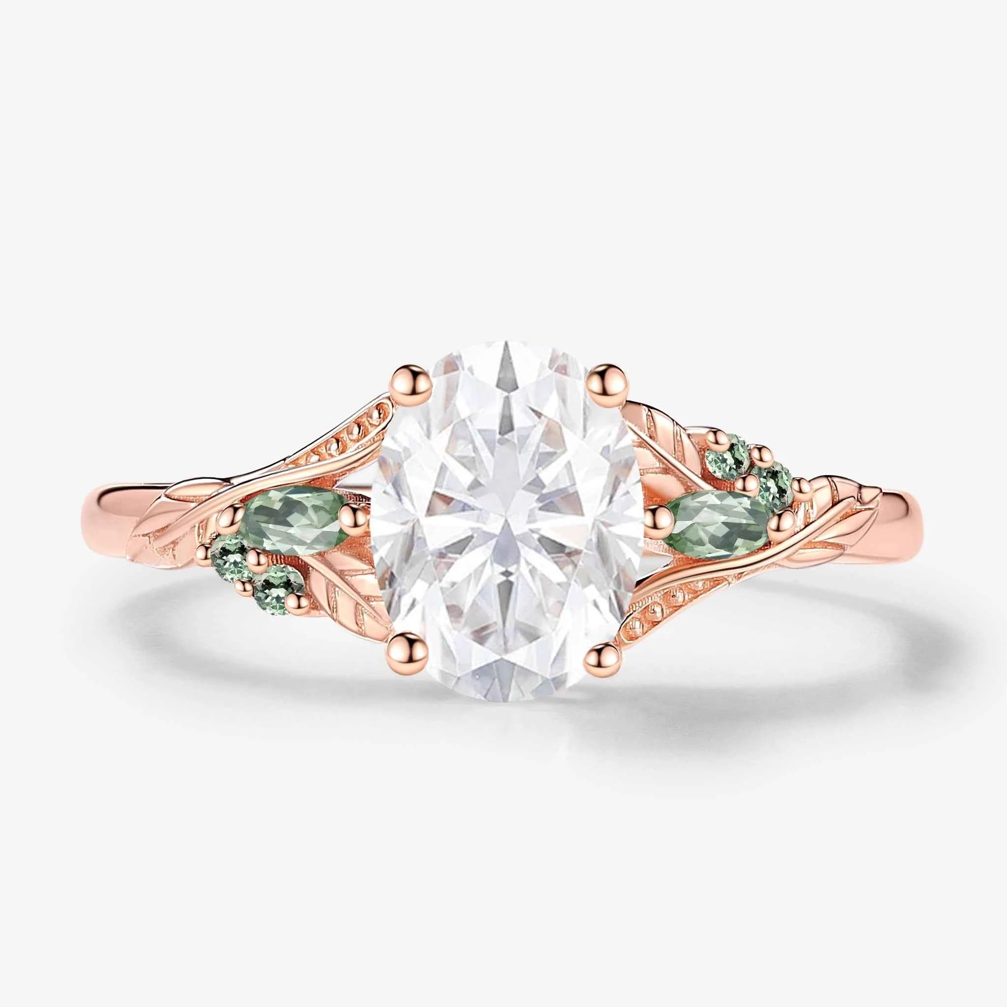 Leaf-Inspired Symmetrical Oval Moissanite Engagement Ring – Unique Nature Design