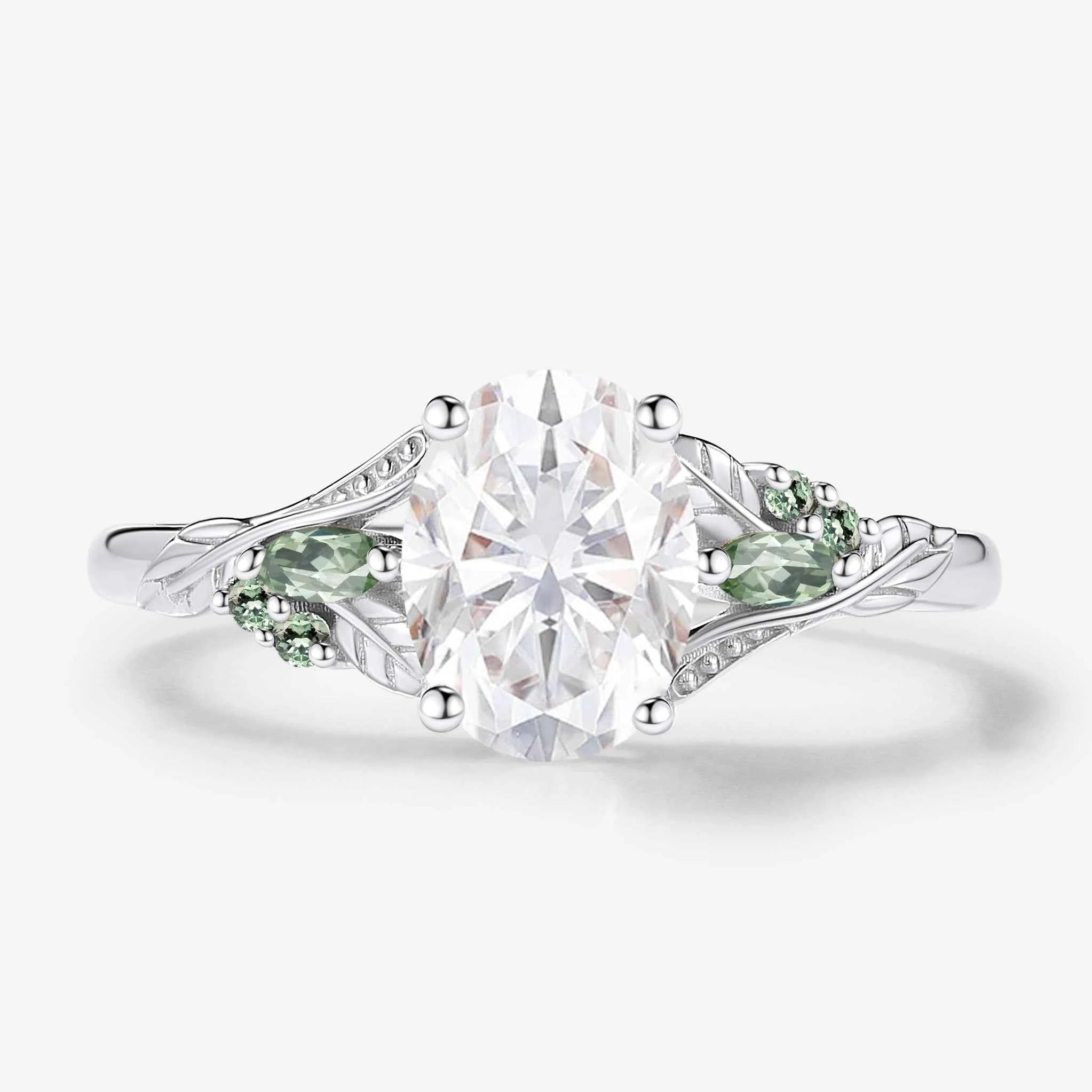 Leaf-Inspired Symmetrical Oval Moissanite Engagement Ring – Unique Nature Design
