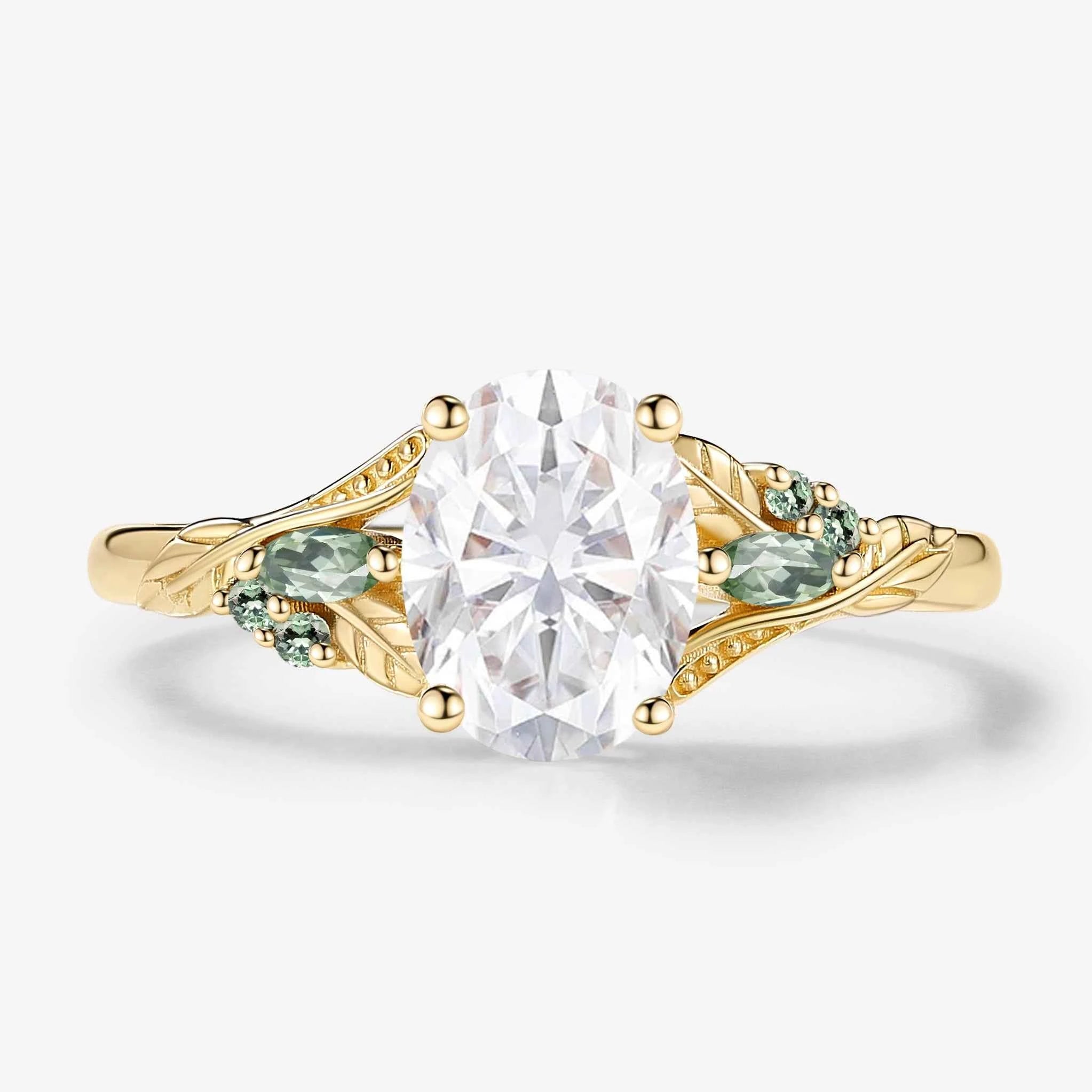 Leaf-Inspired Symmetrical Oval Moissanite Engagement Ring – Unique Nature Design