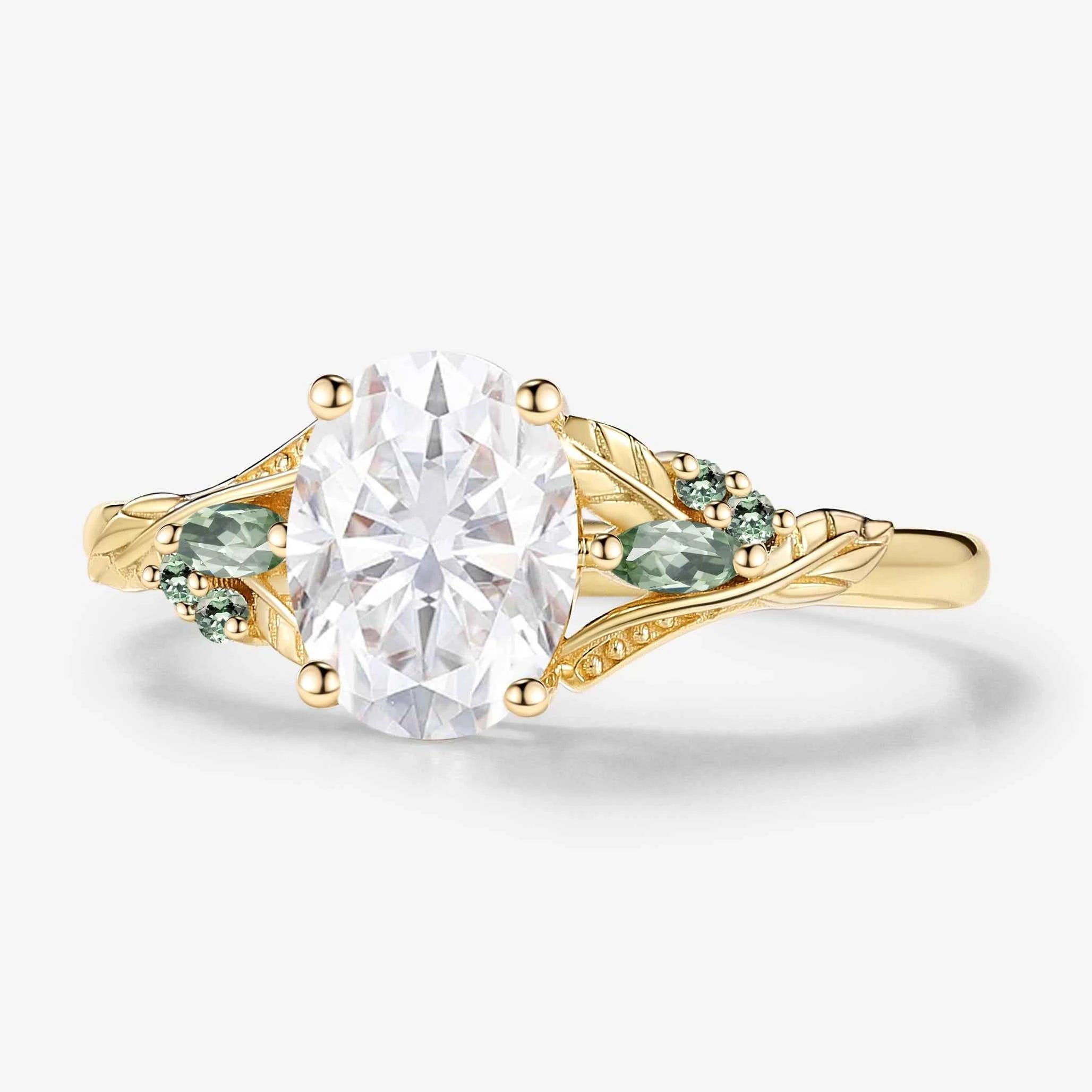 Leaf-Inspired Symmetrical Oval Moissanite Engagement Ring – Unique Nature Design