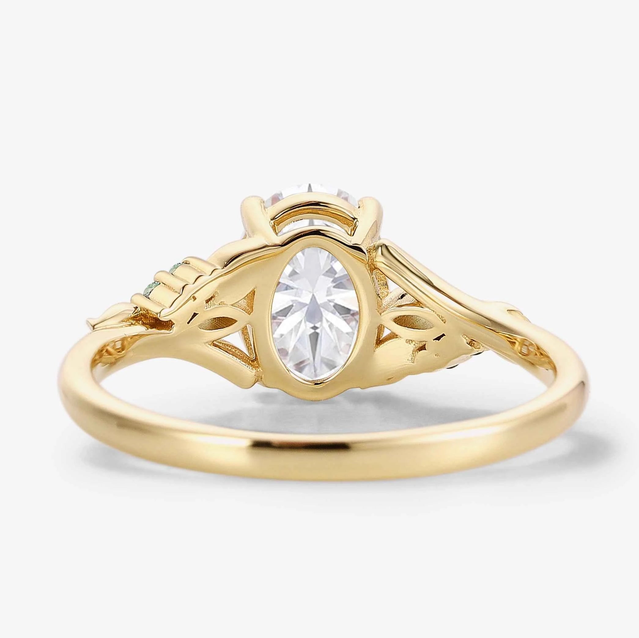Leaf-Inspired Symmetrical Oval Moissanite Engagement Ring – Unique Nature Design