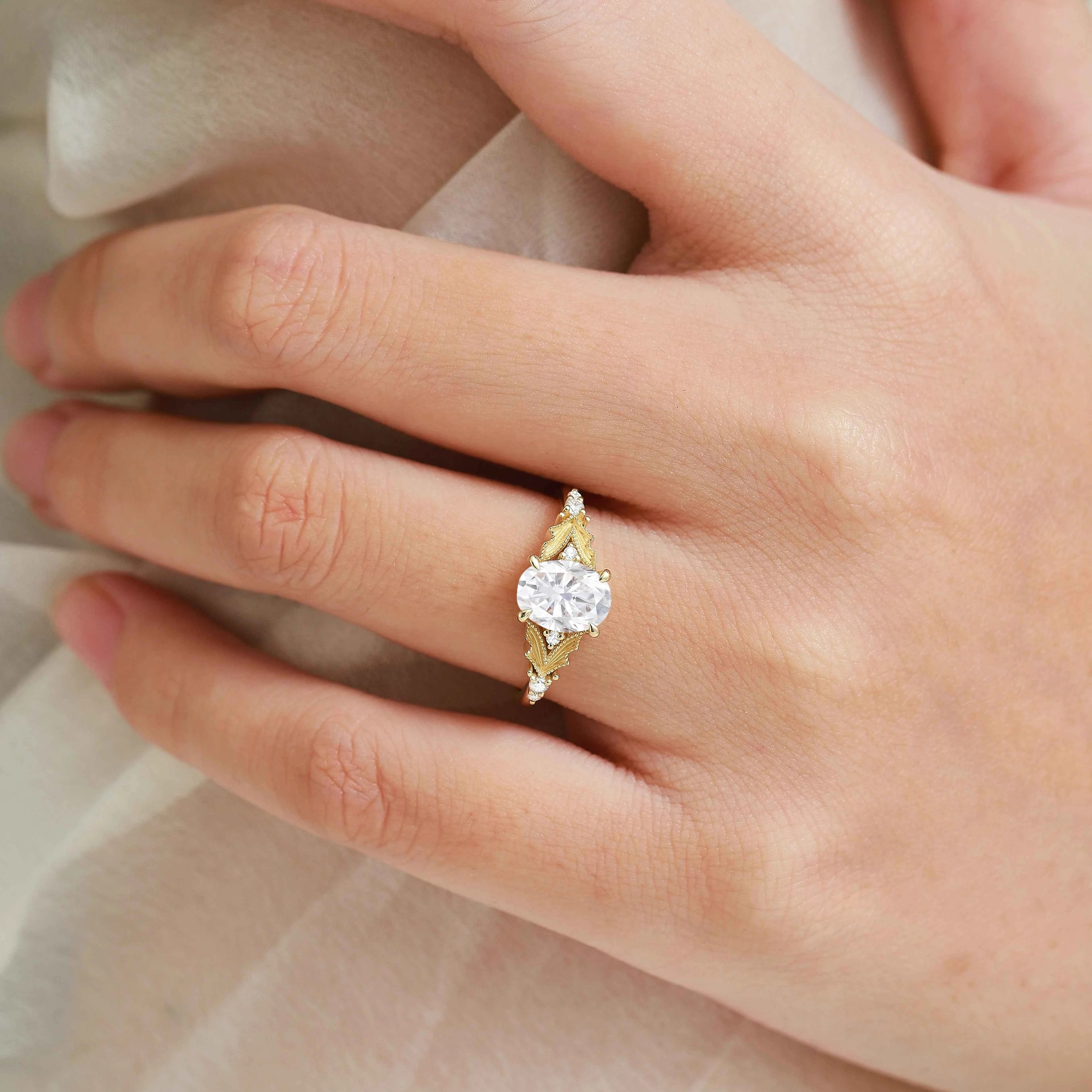 Elegant Dress-Lapel Inspired Bezel Oval Cut Moissanite Ring for the Bride