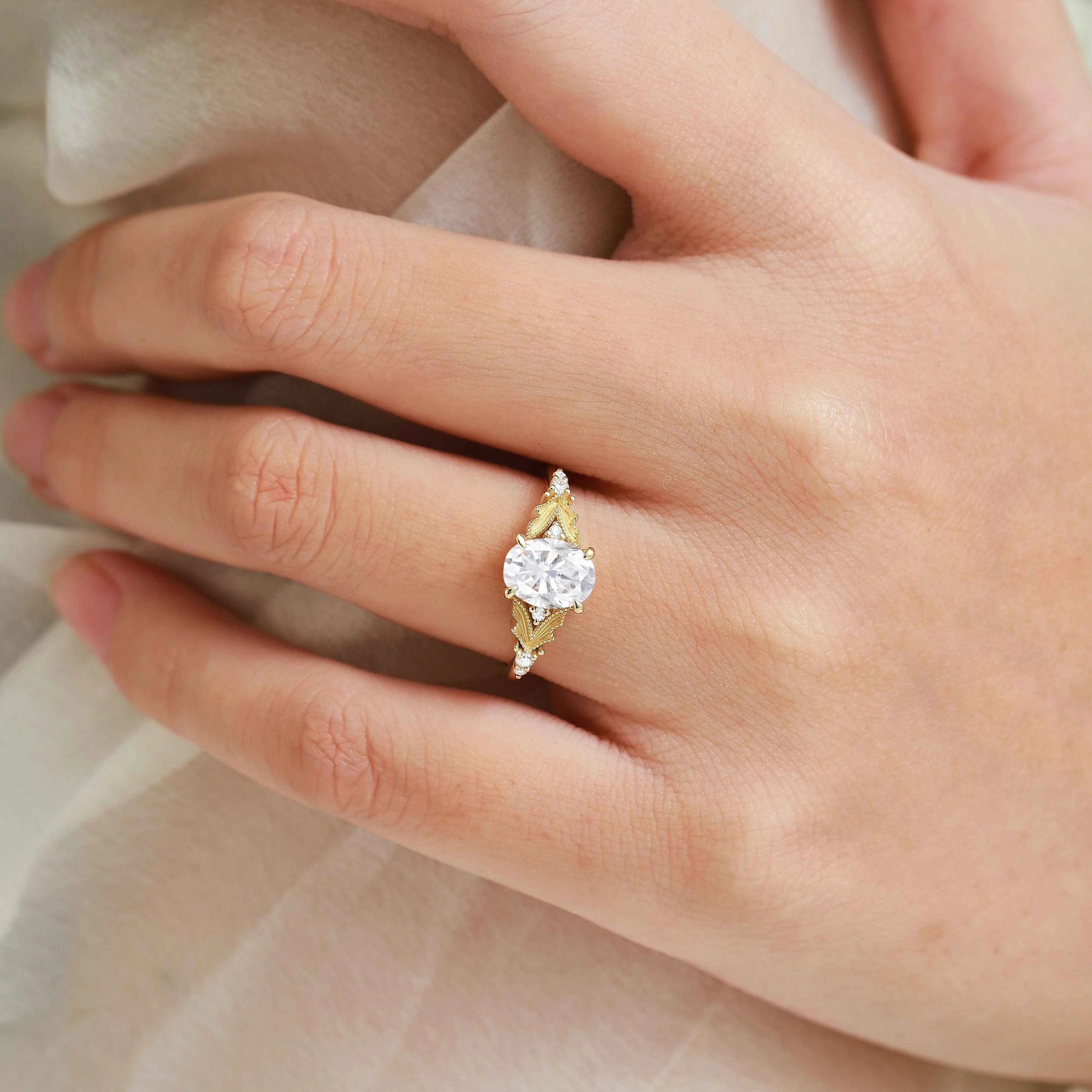 Elegant Dress-Lapel Inspired Bezel Oval Cut Moissanite Ring for the Bride