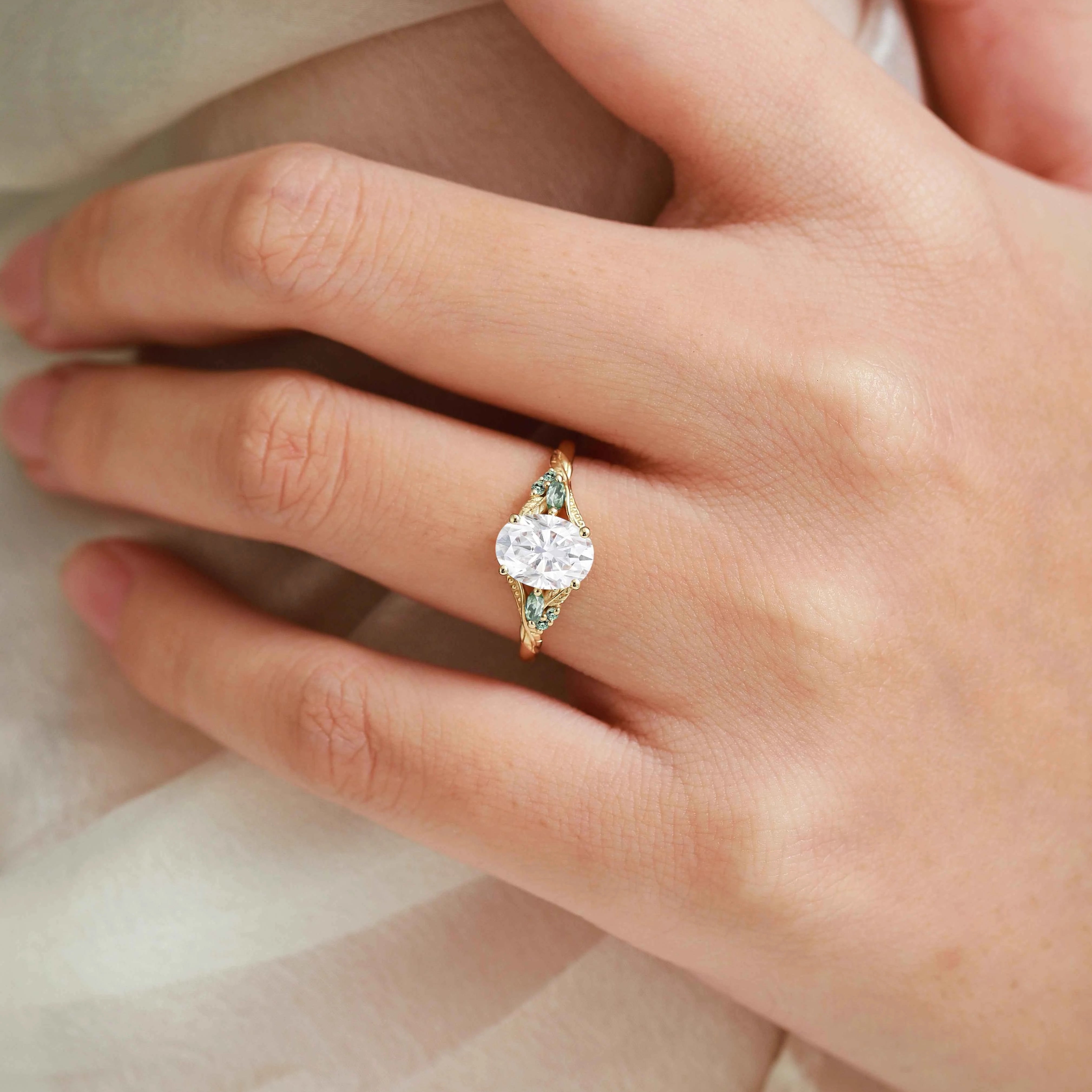 Leaf-Inspired Symmetrical Oval Moissanite Engagement Ring – Unique Nature Design