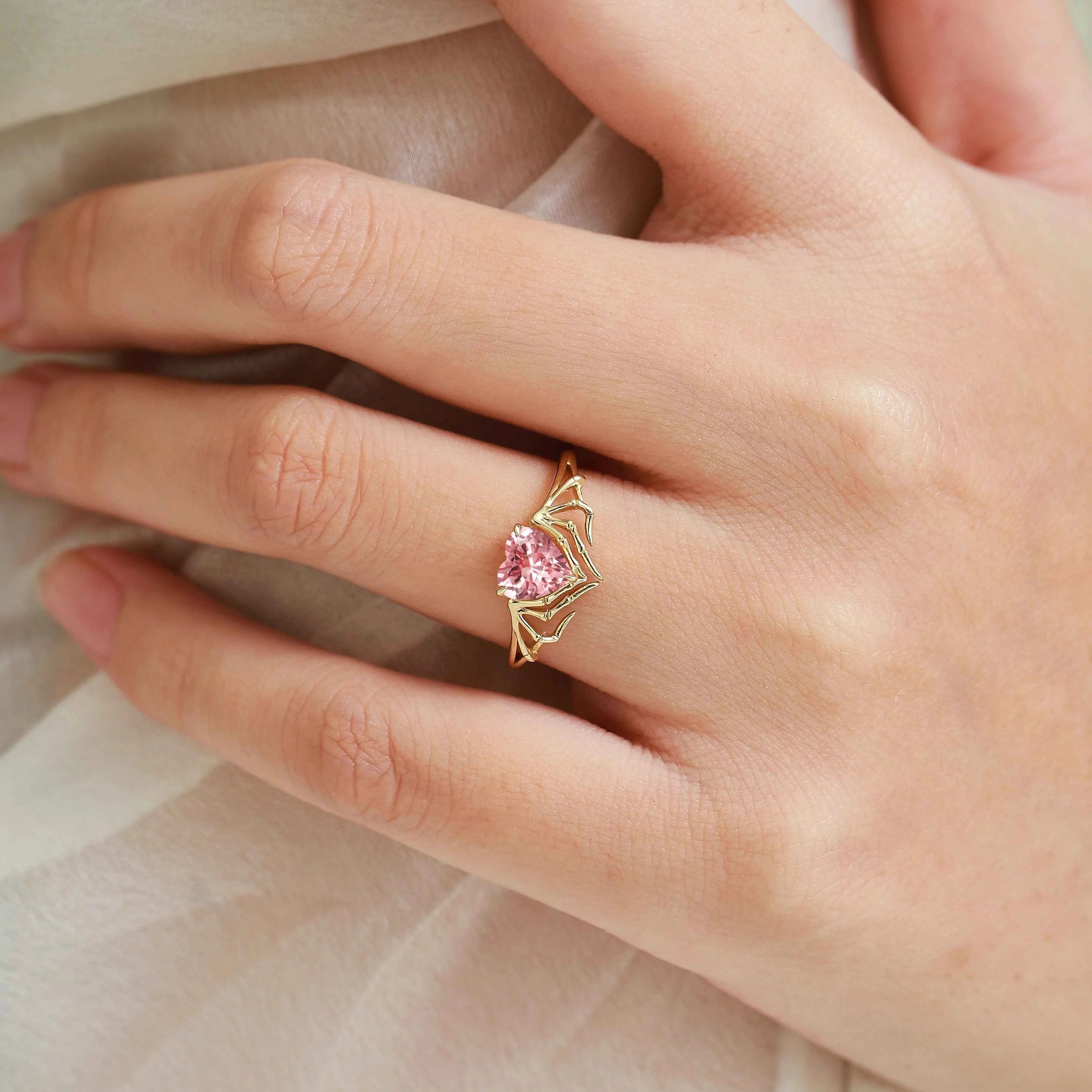 Bat Wing & Spider Claw Inspired Heart Cut Padparadscha Ring
