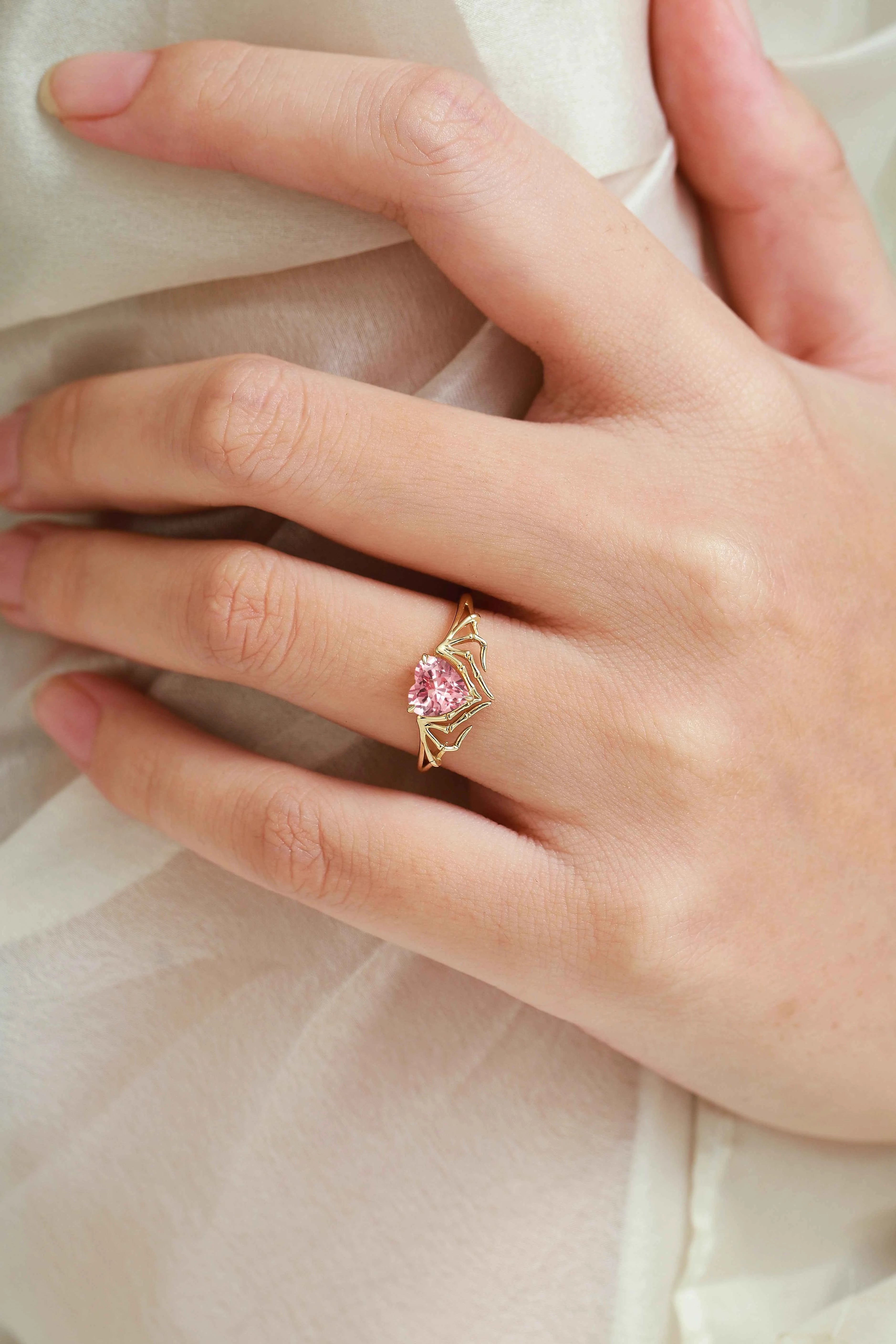 Bat Wing & Spider Claw Inspired Heart Cut Padparadscha Ring