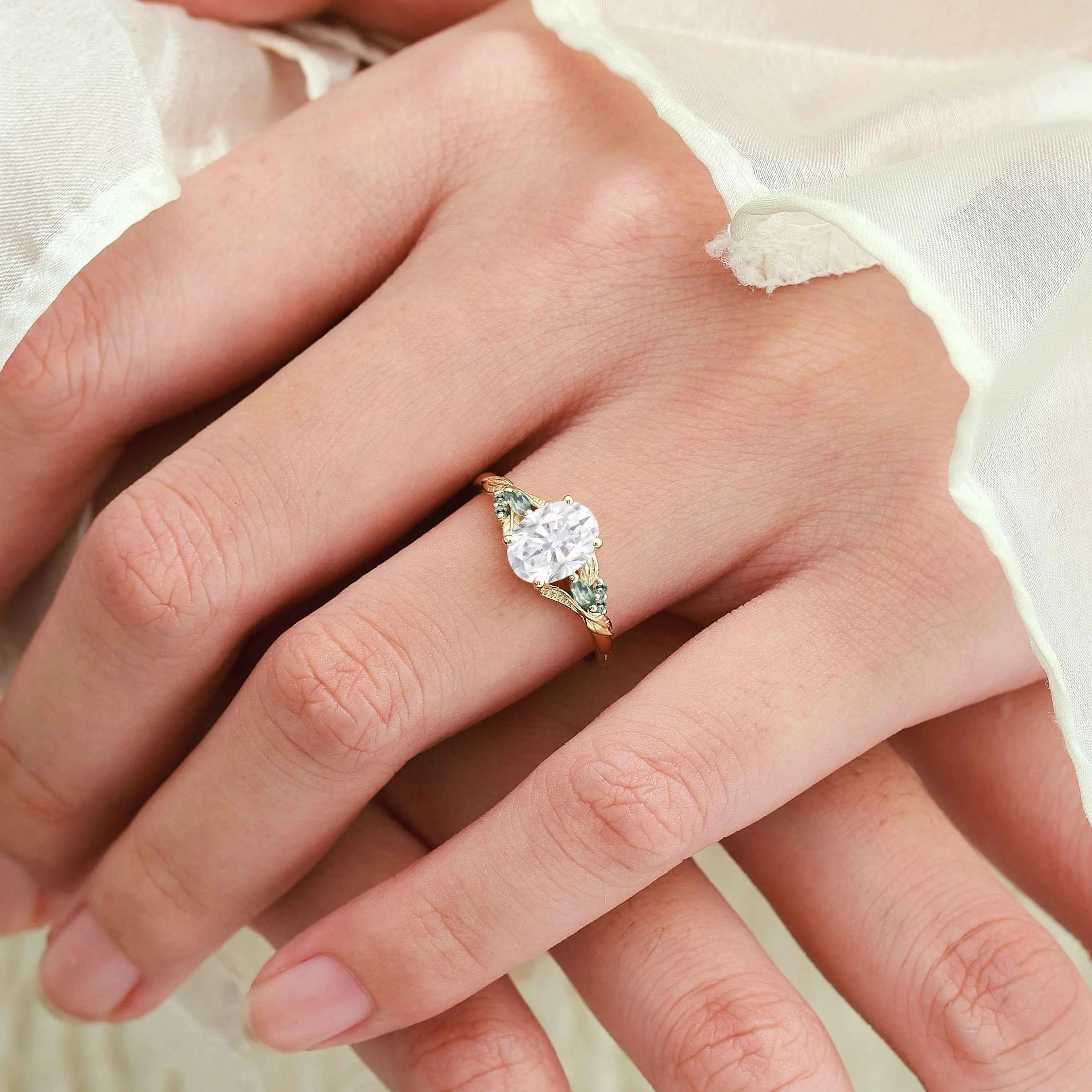 Leaf-Inspired Symmetrical Oval Moissanite Engagement Ring – Unique Nature Design