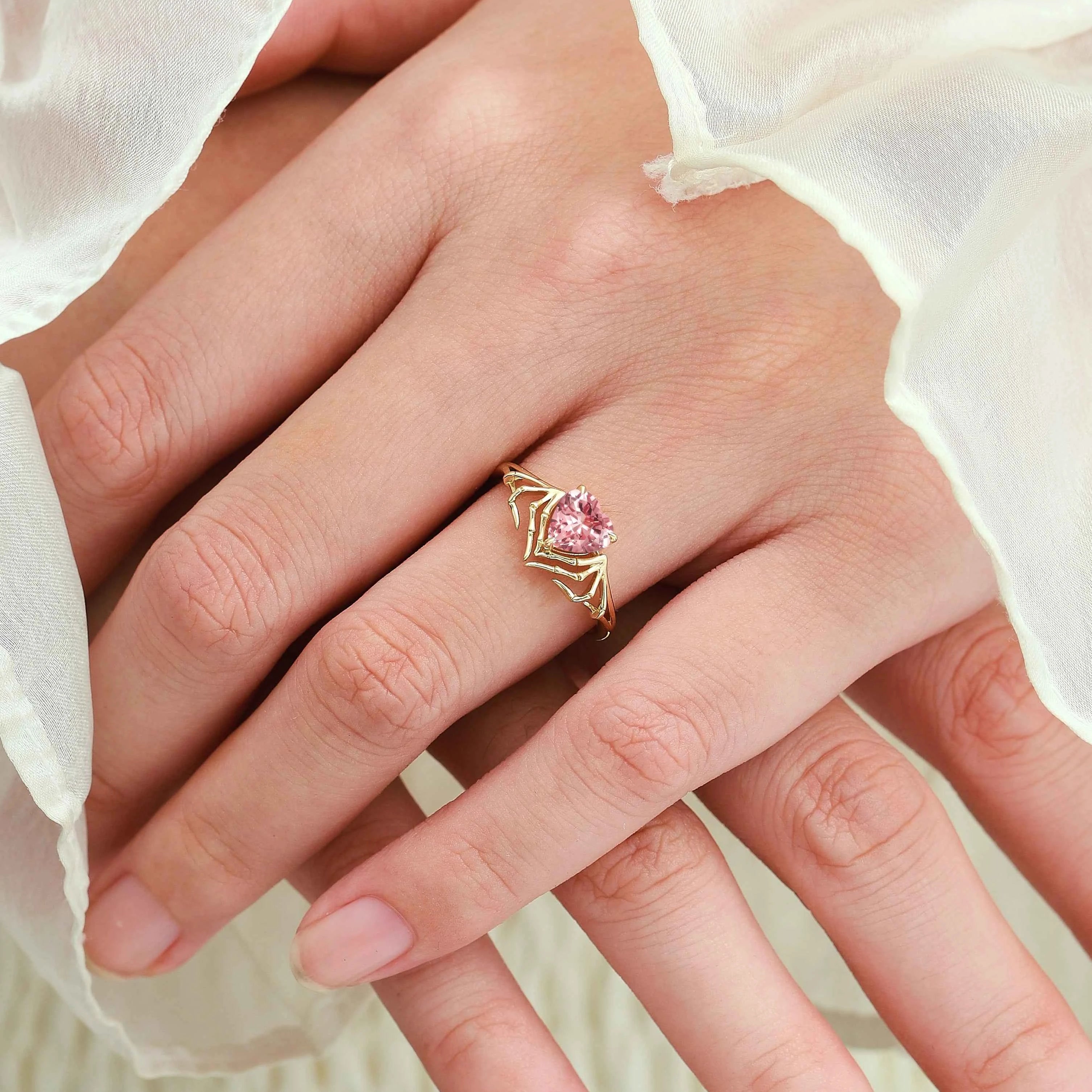 Bat Wing & Spider Claw Inspired Heart Cut Padparadscha Ring