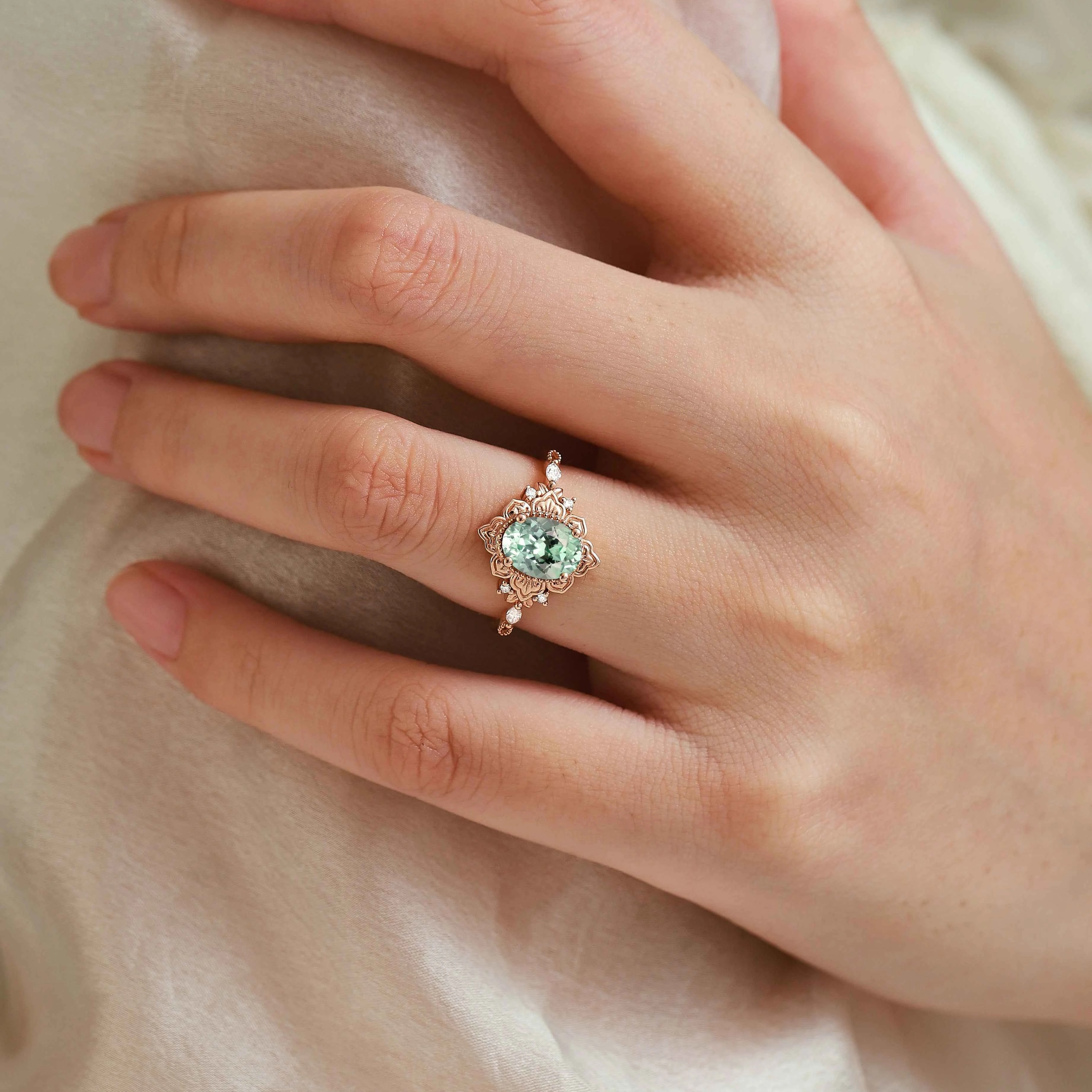 Oval Green Sapphire Nature-Inspired Leaf Vintage Halo Engagement Ring