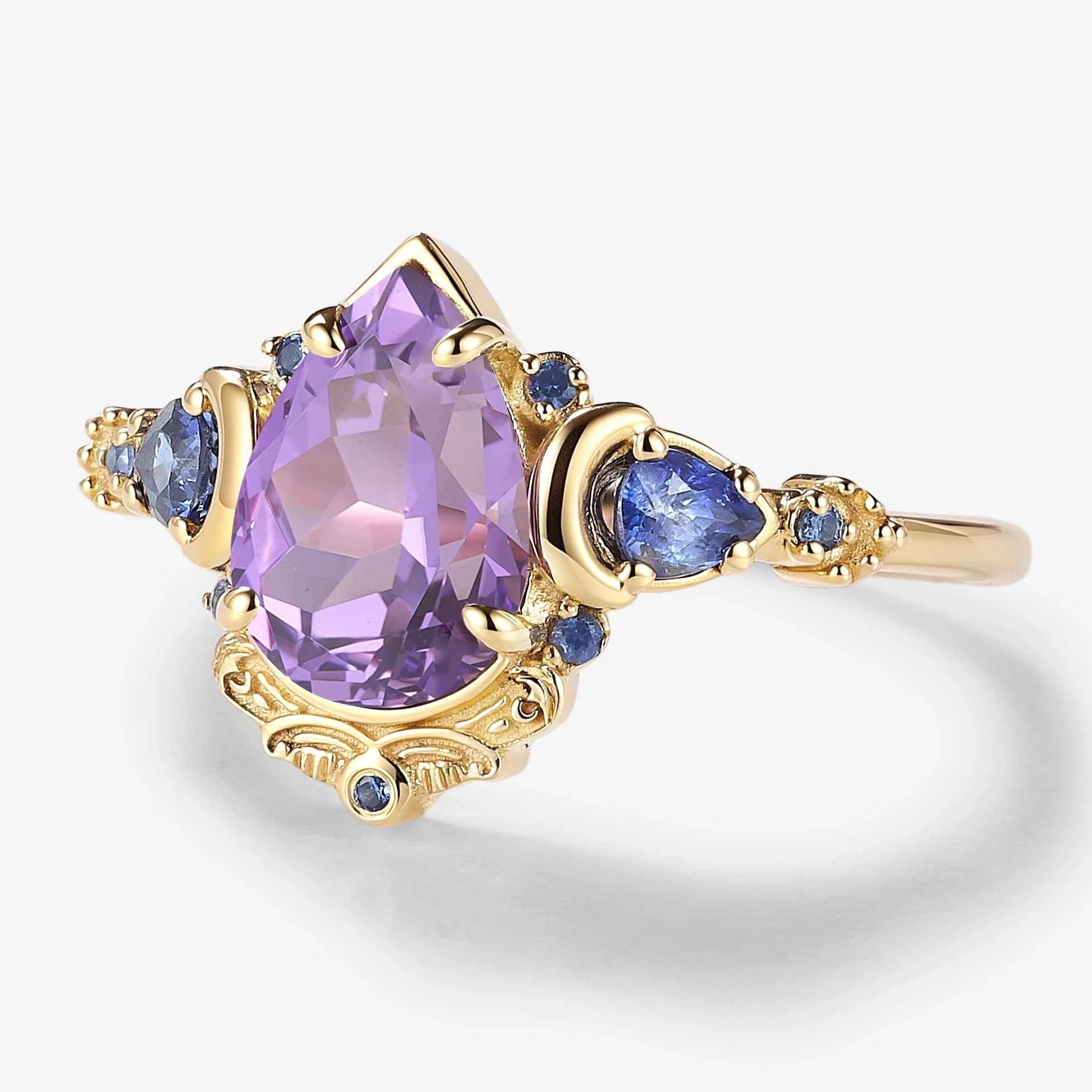 Vintage Baroque Inspired Pear Cut Purple Sapphire Engagement Ring