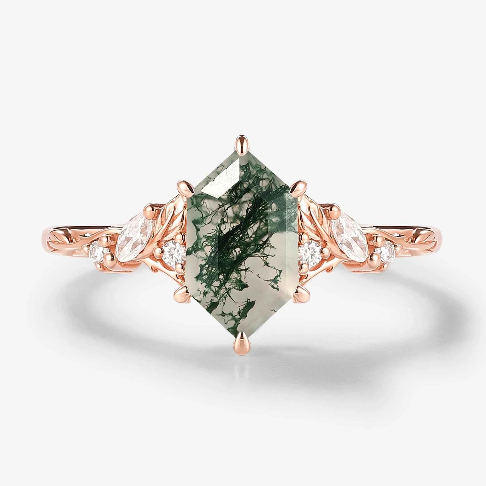 Leaf Inspired Hexagon Cut Moss Agate Engagement Ring