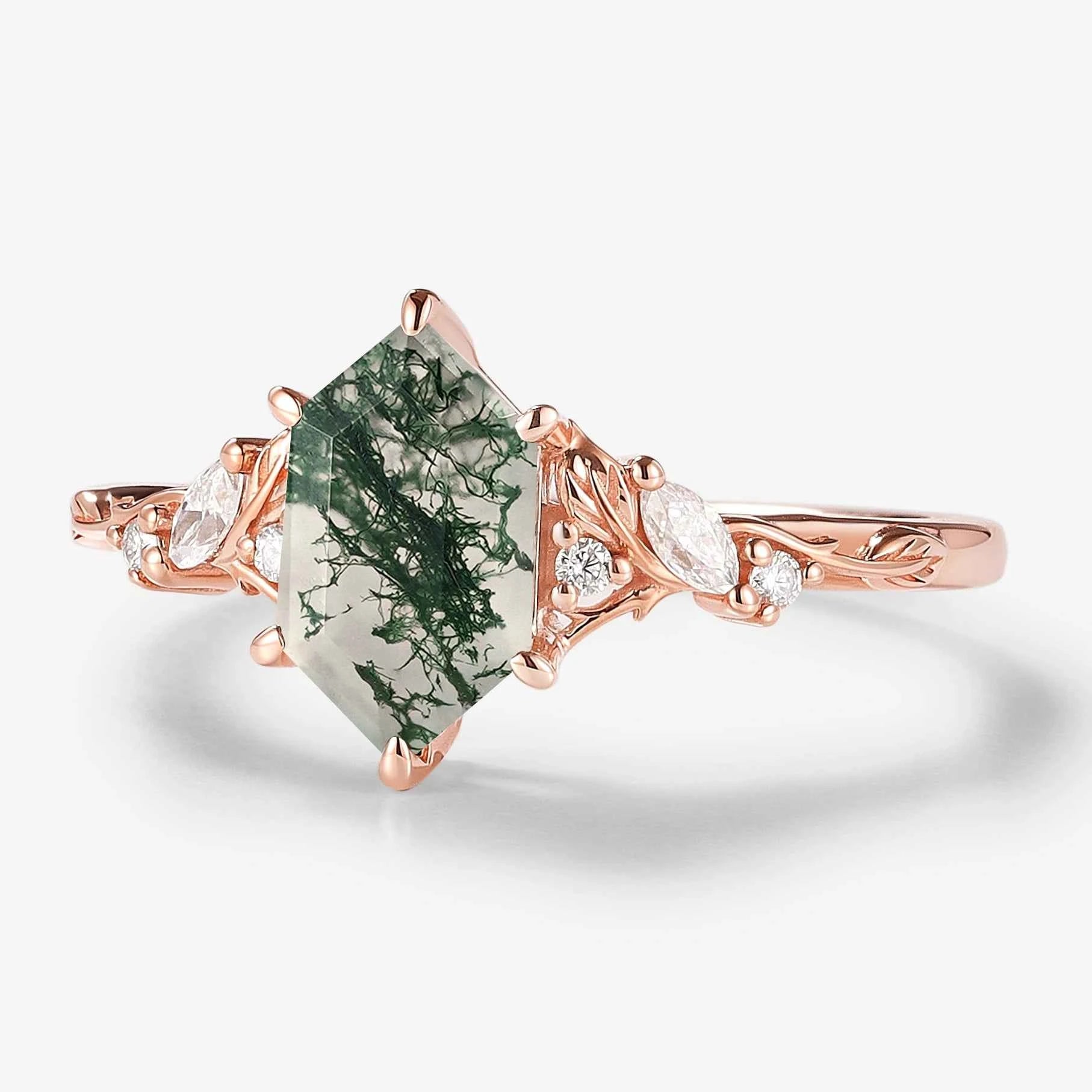 Leaf Inspired Hexagon Cut Moss Agate Engagement Ring