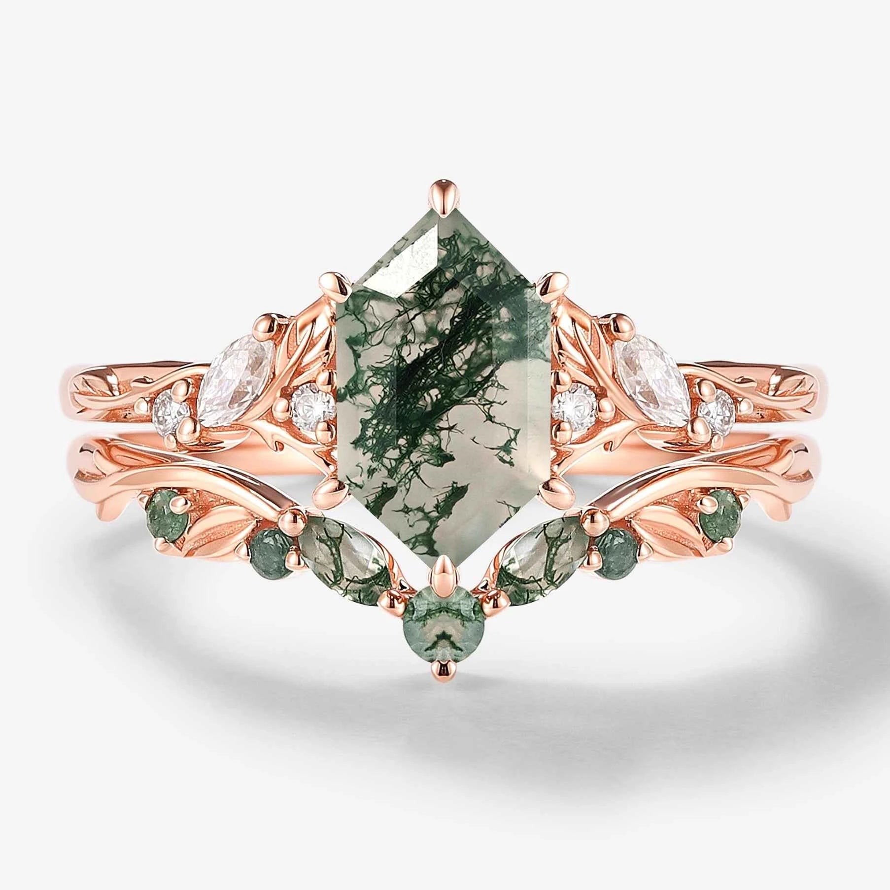 Leaf Inspired Hexagon Cut Moss Agate Engagement Ring Set