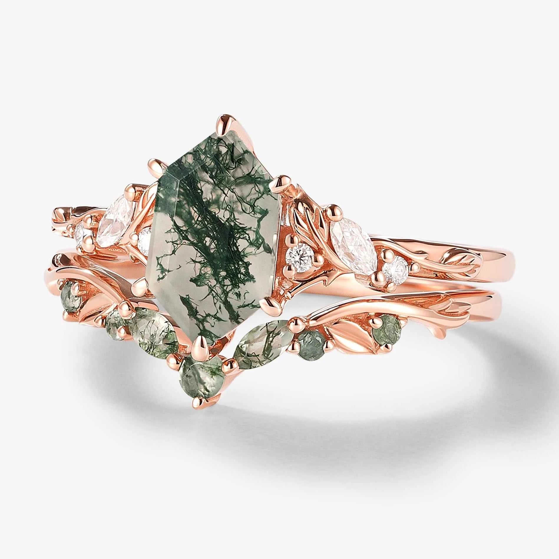 Leaf Inspired Hexagon Cut Moss Agate Engagement Ring Set
