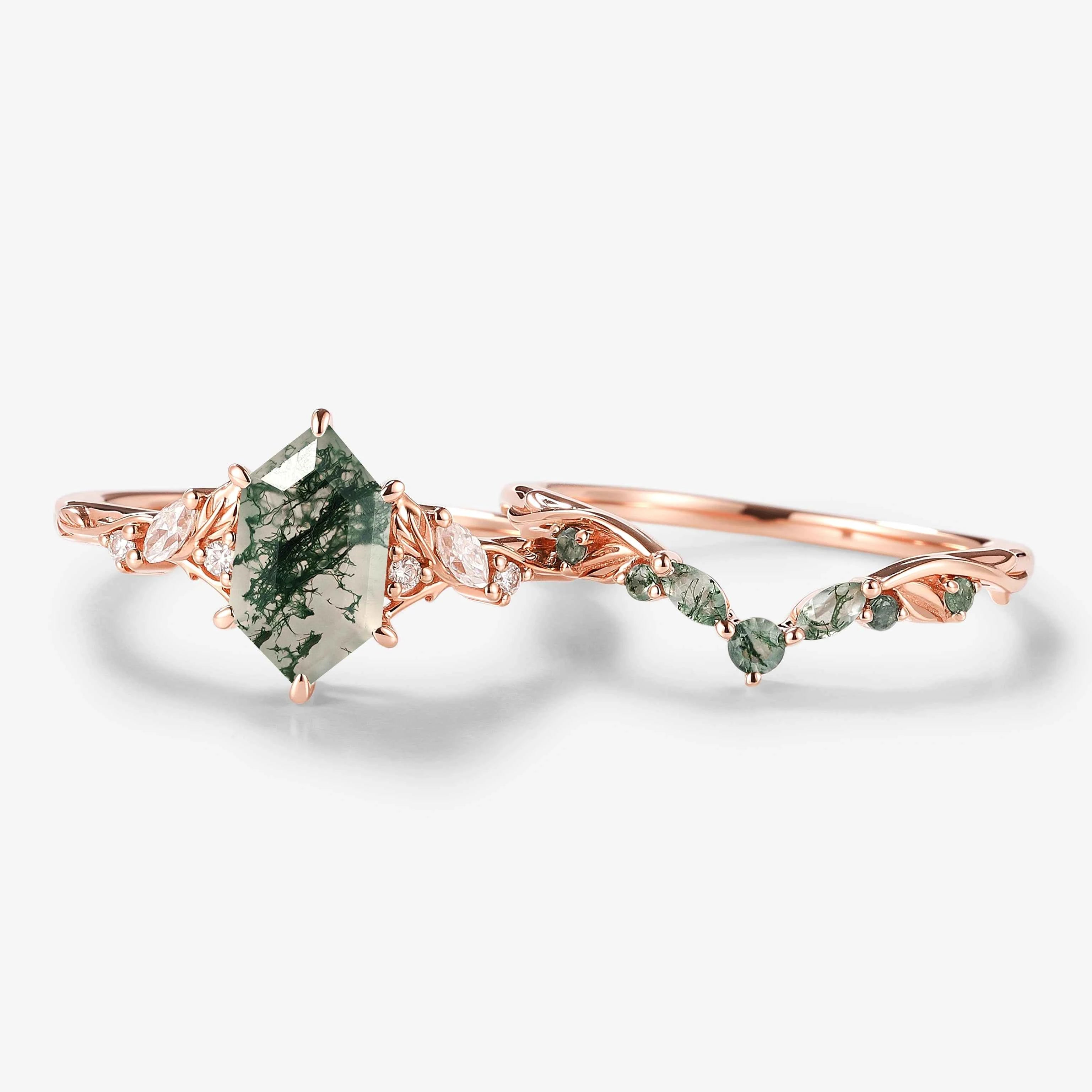 Leaf Inspired Hexagon Cut Moss Agate Engagement Ring Set