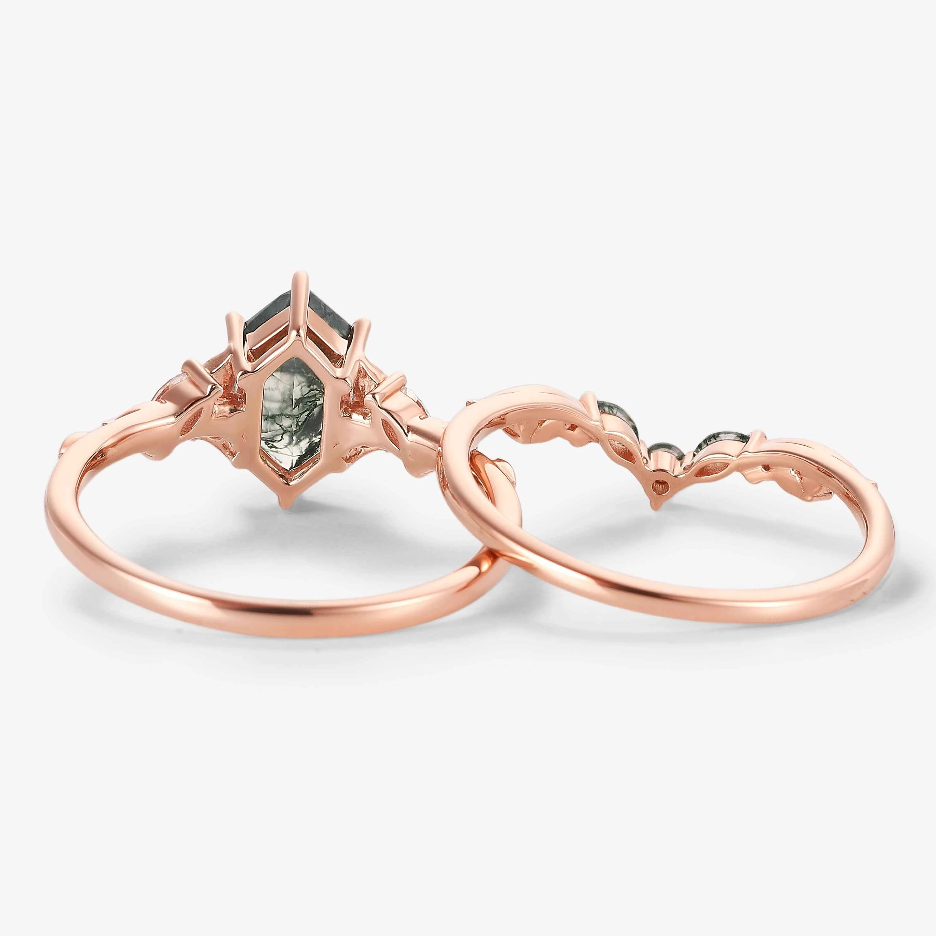 Leaf Inspired Hexagon Cut Moss Agate Engagement Ring Set