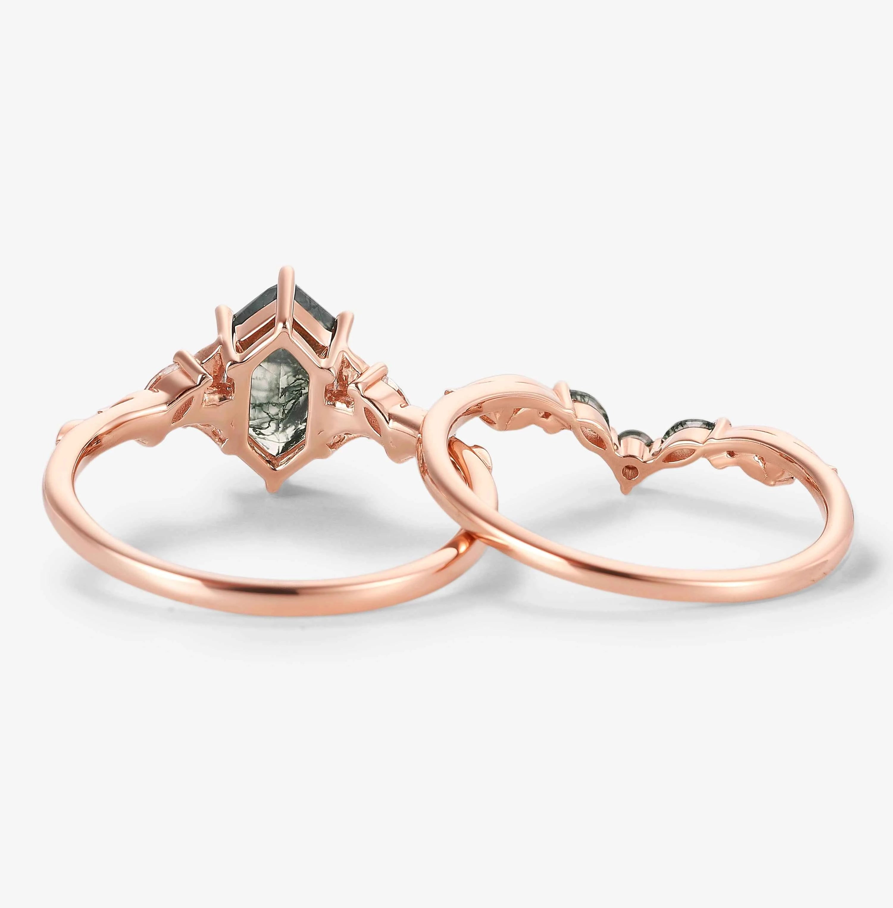 Leaf Inspired Hexagon Cut Moss Agate Engagement Ring Set