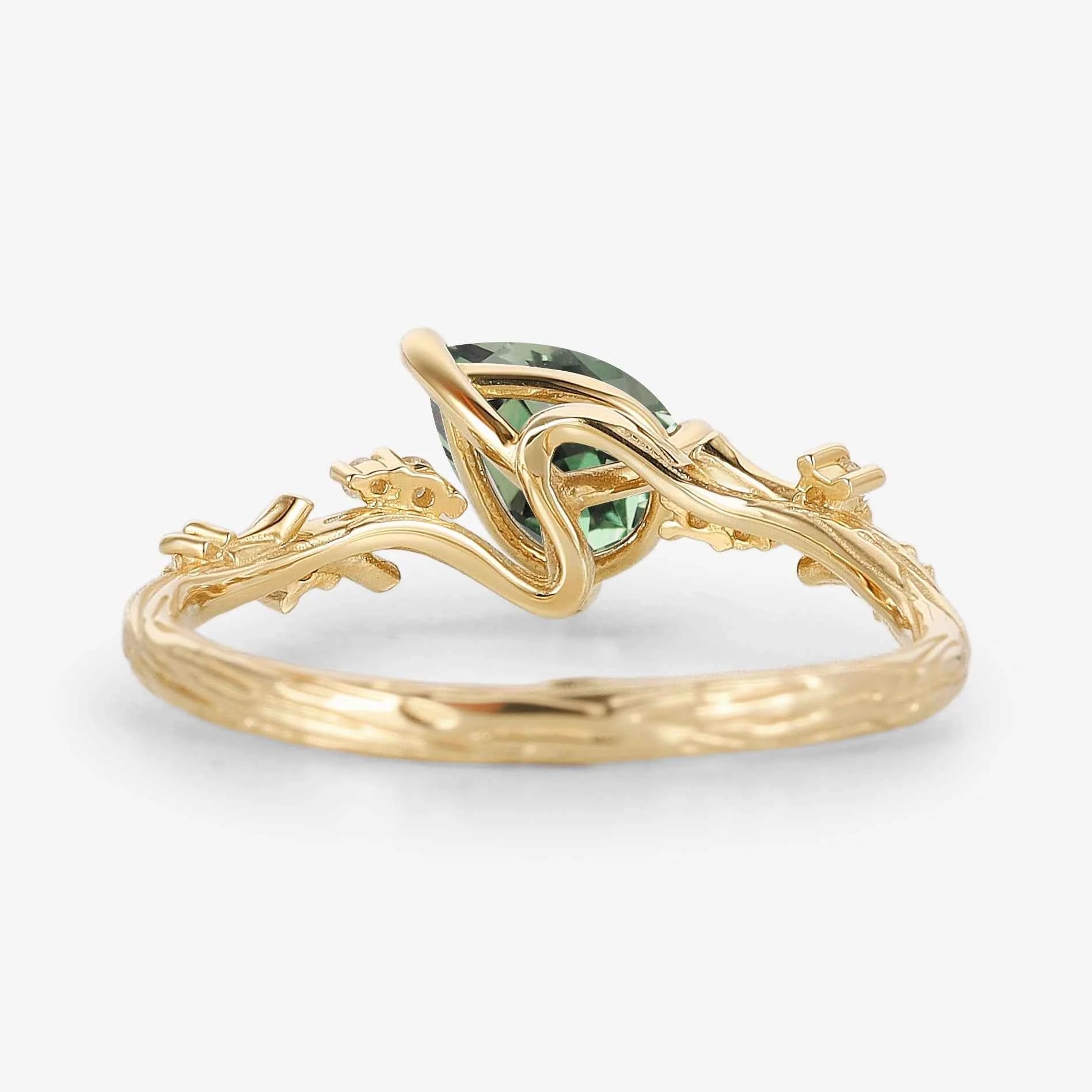 Branch & Leaf Prong Unique Tilted Pear-Cut Teal Sapphire Engagement Ring