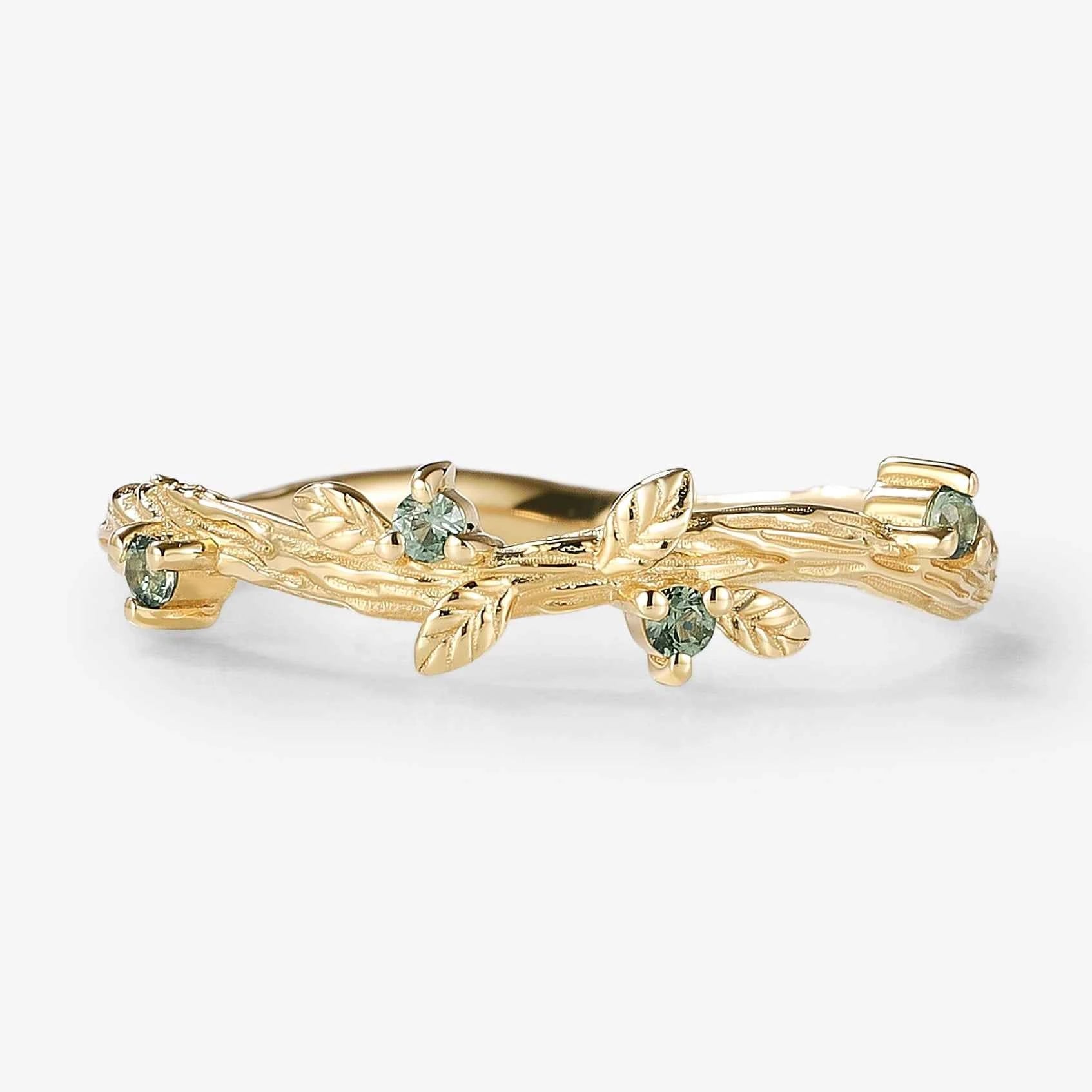 Vine & Leaf Inspired Green Sapphire Curved Wedding Band