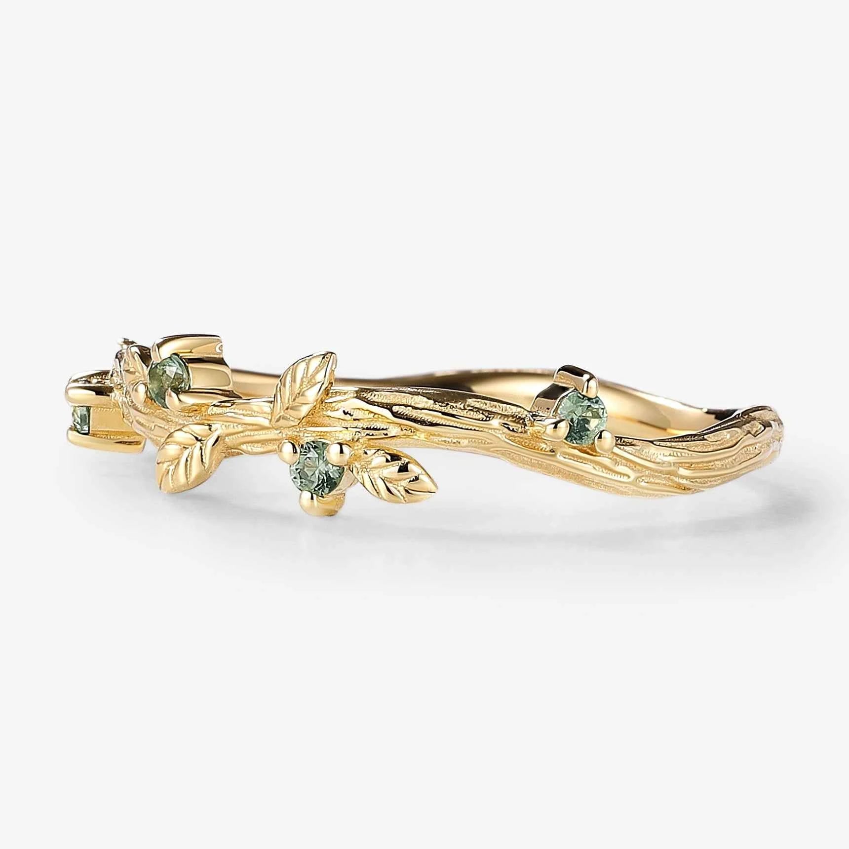 Vine & Leaf Inspired Green Sapphire Curved Wedding Band