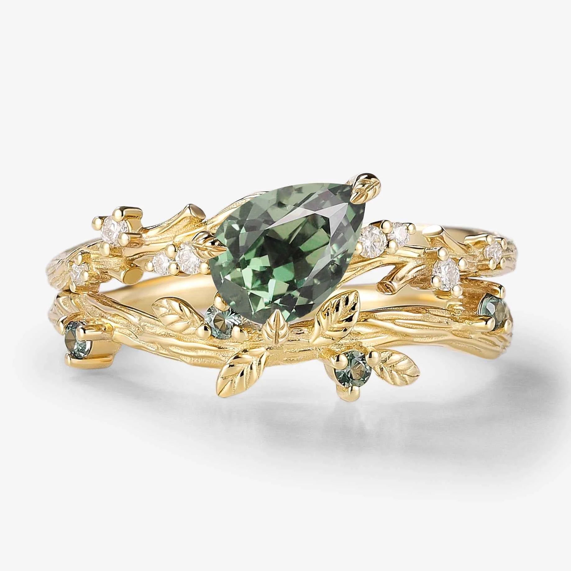 Nature-Inspired Sapphire Bridal Set – Pear Cut Sapphire Engagement Ring & Curved Green Sapphire Wedding Band 2Pcs Set