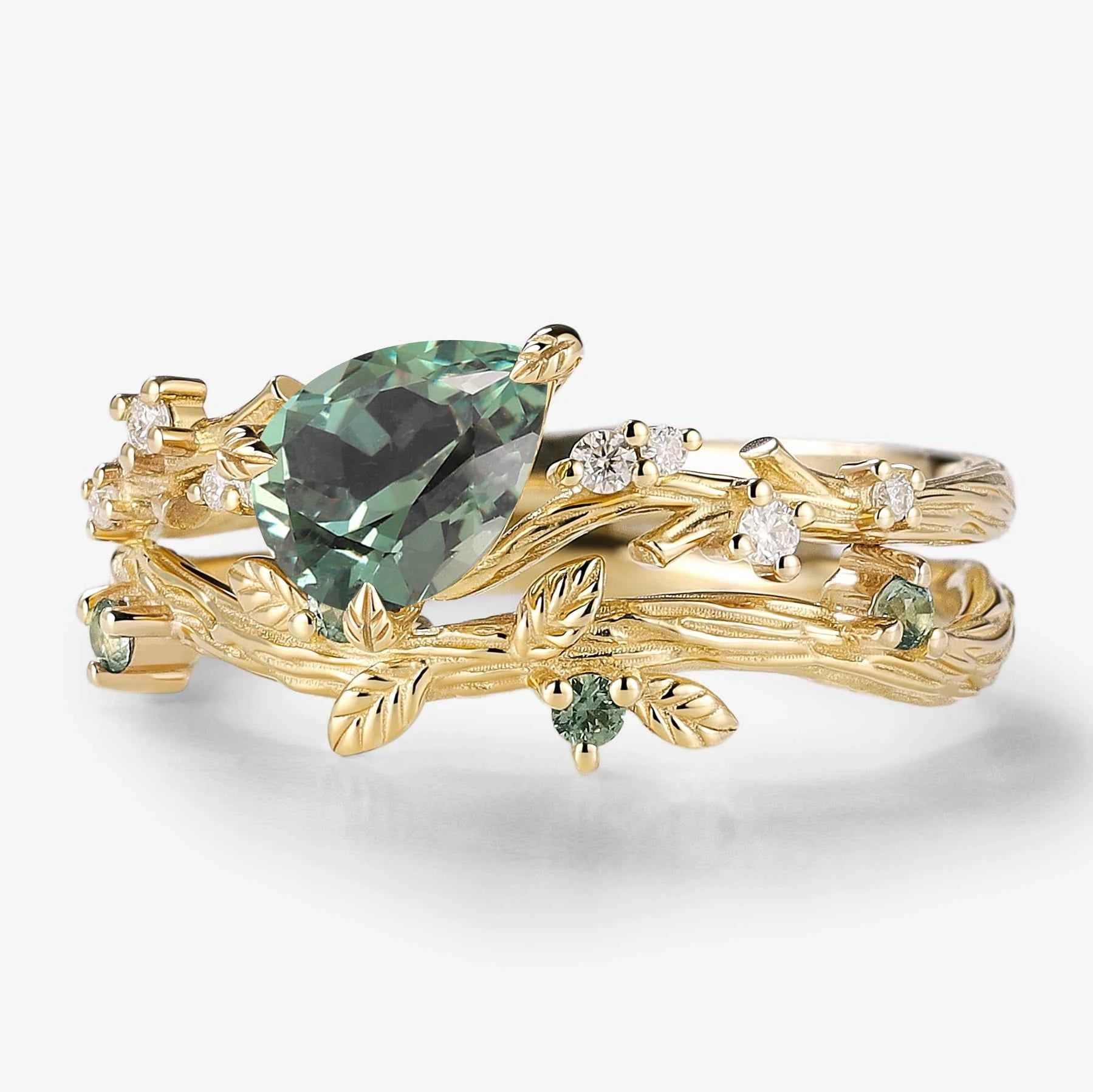 Nature-Inspired Sapphire Bridal Set – Pear Cut Sapphire Engagement Ring & Curved Green Sapphire Wedding Band 2Pcs Set