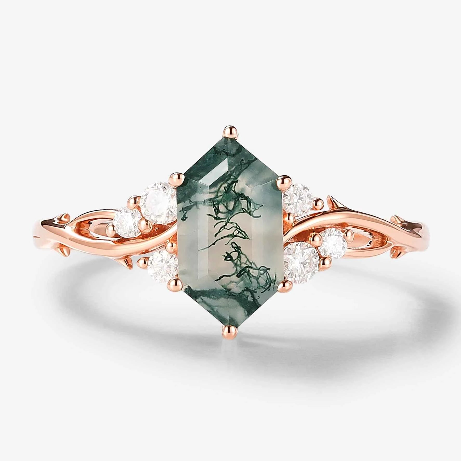 Vine-Inspired Hexagon Cut Moss Agate Engagement Ring