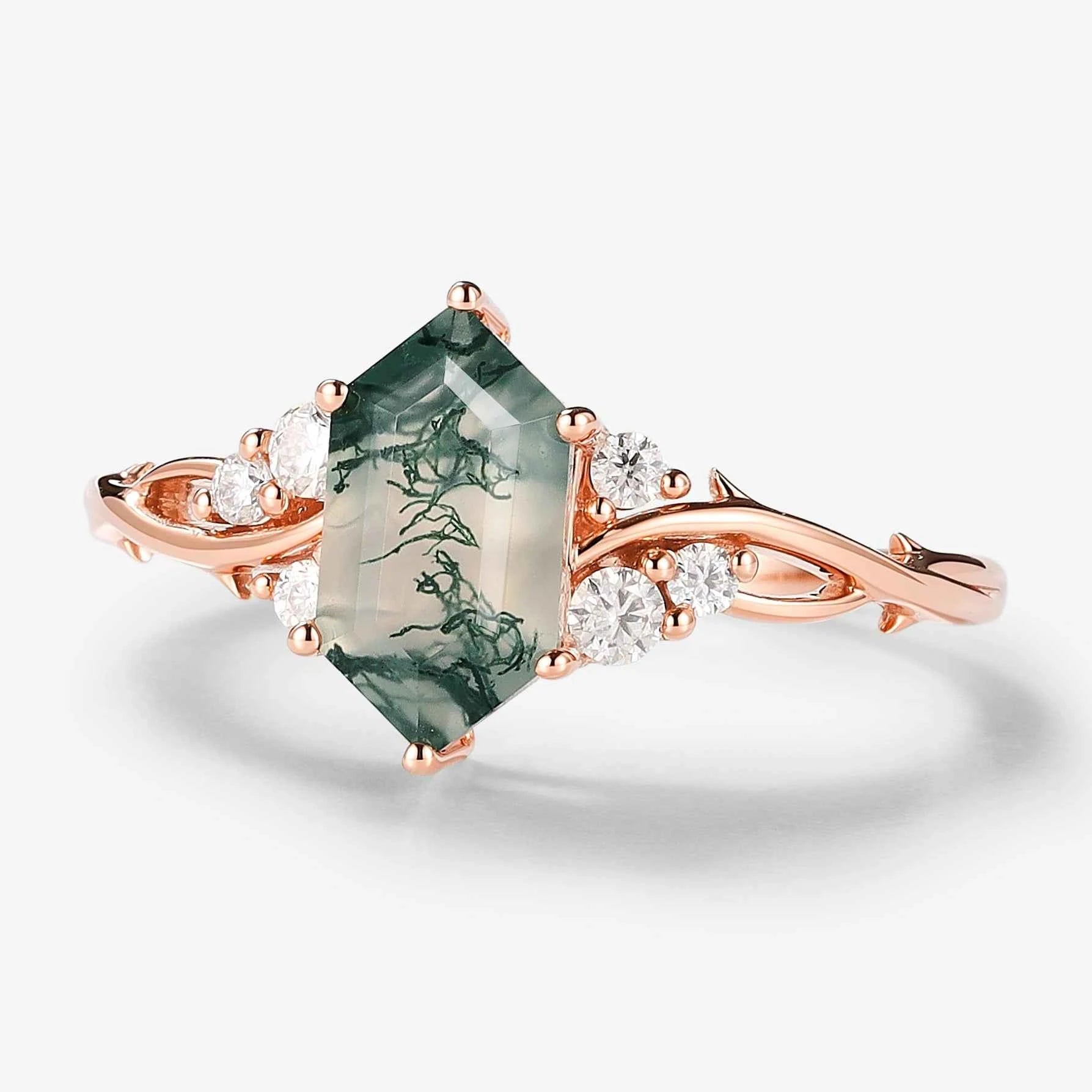 Vine-Inspired Hexagon Cut Moss Agate Engagement Ring