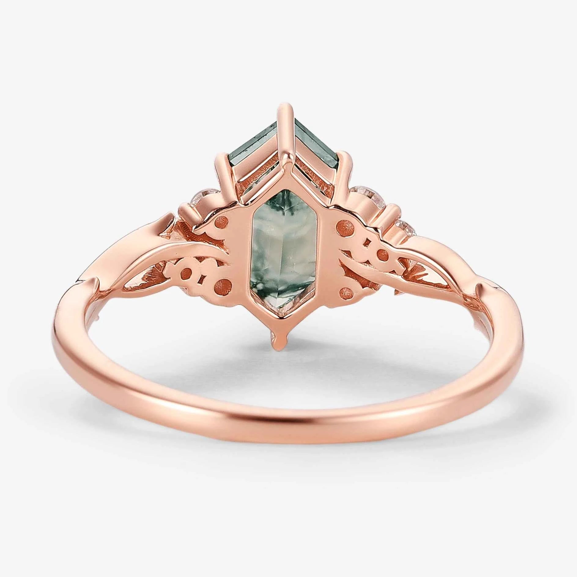 Vine-Inspired Hexagon Cut Moss Agate Engagement Ring