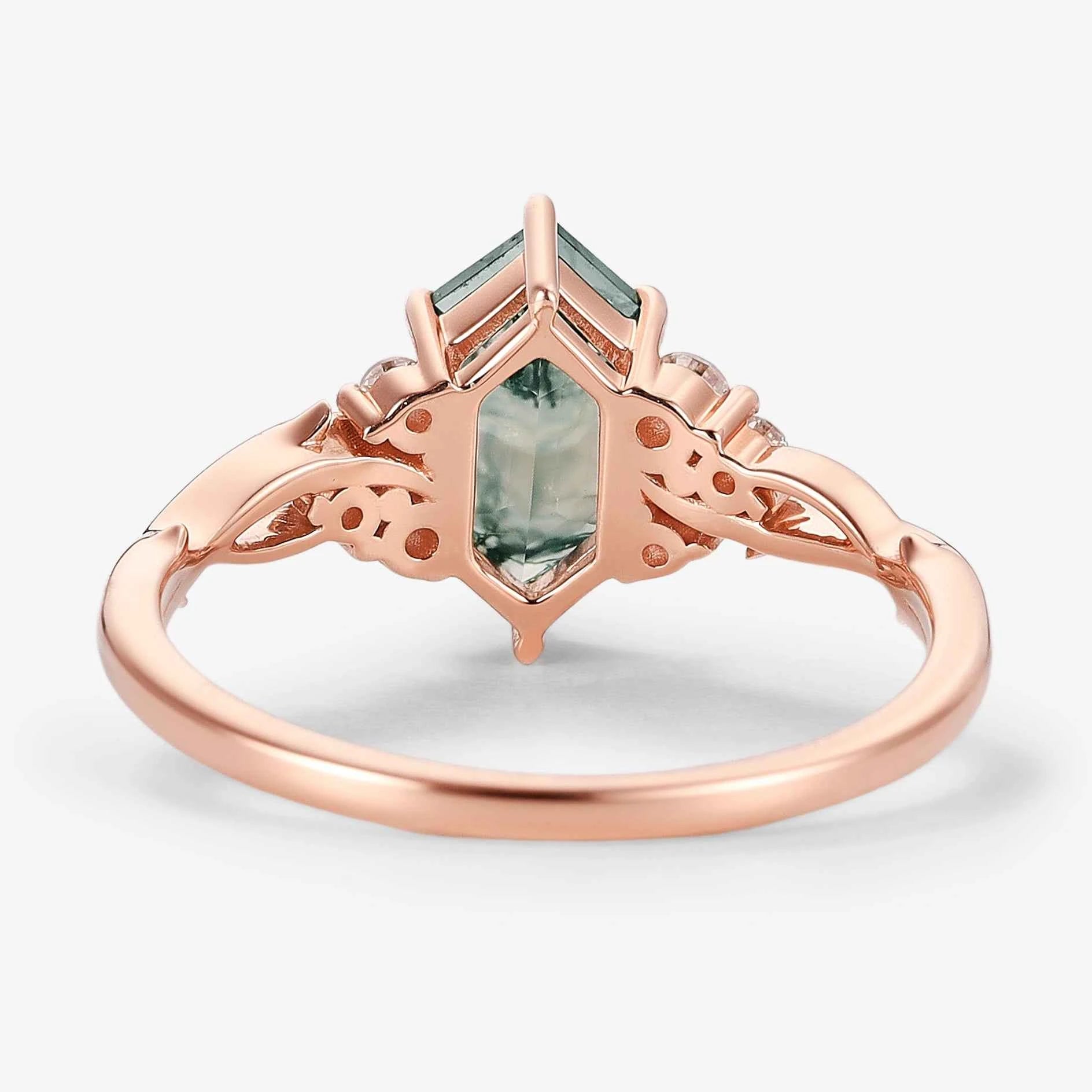 Vine-Inspired Hexagon Cut Moss Agate Engagement Ring