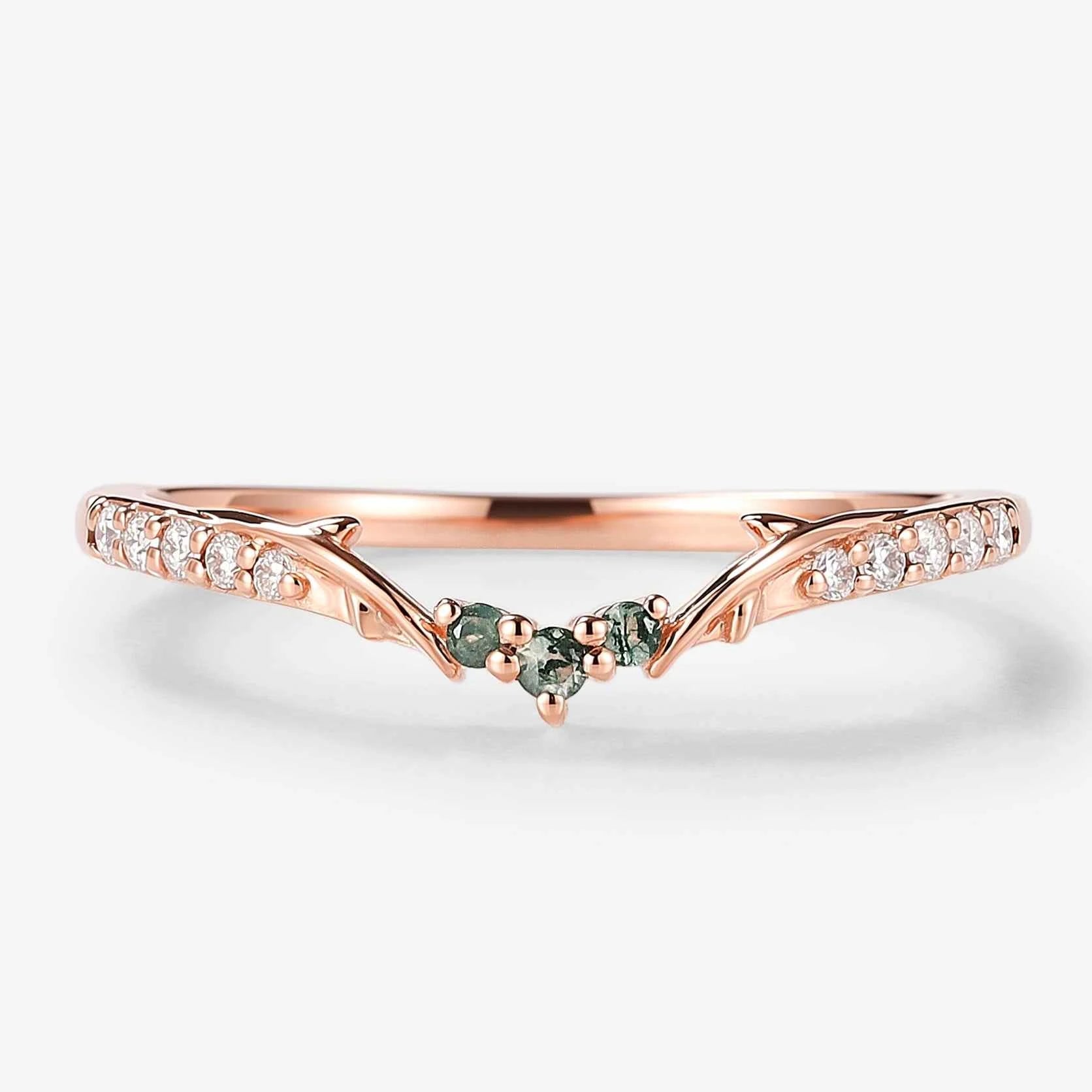 Vine Inspired Moss Agate and Round Moissanite Wedding Band