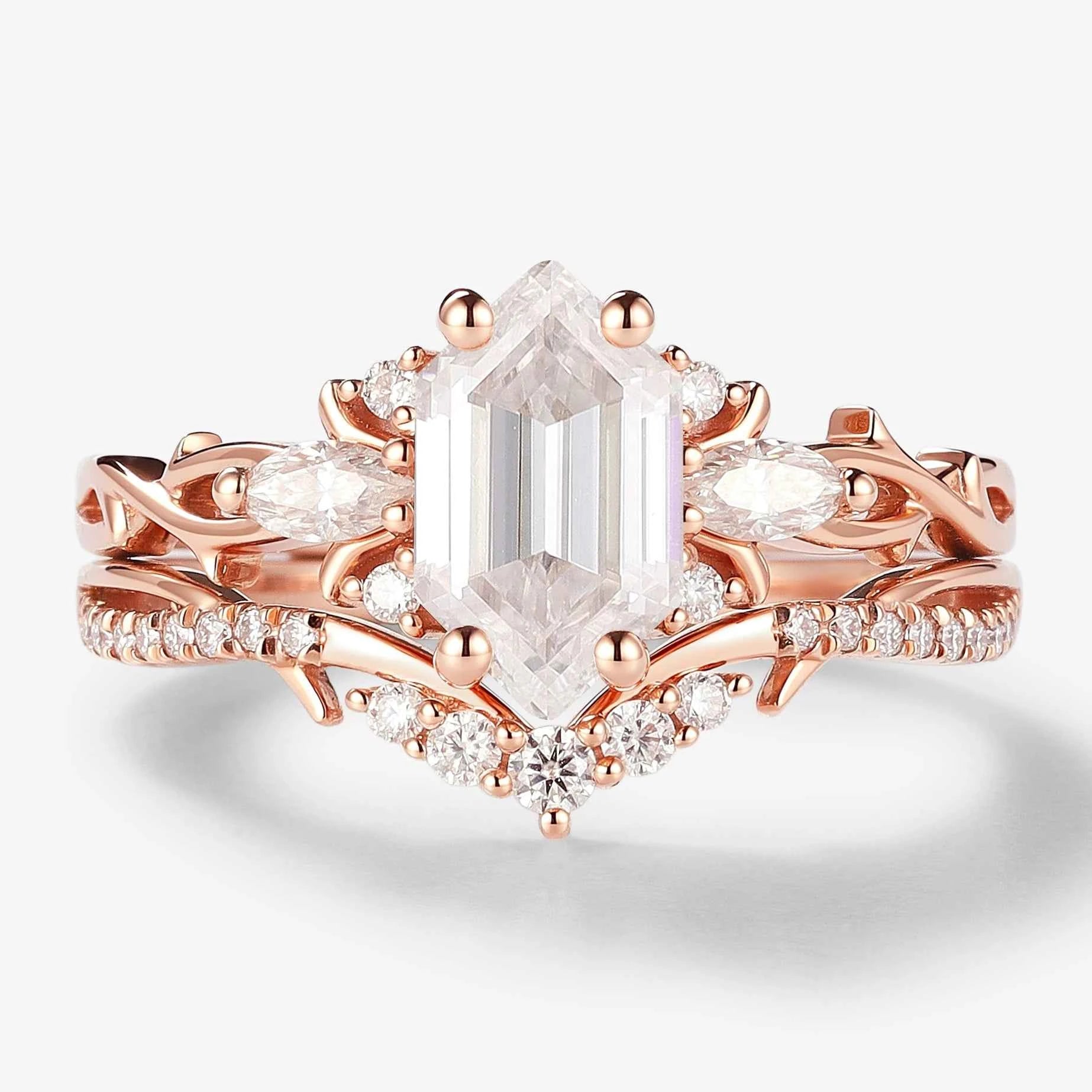 Nature-inspired Hexagon Cut Moissanite Engagement Ring Set 2pcs