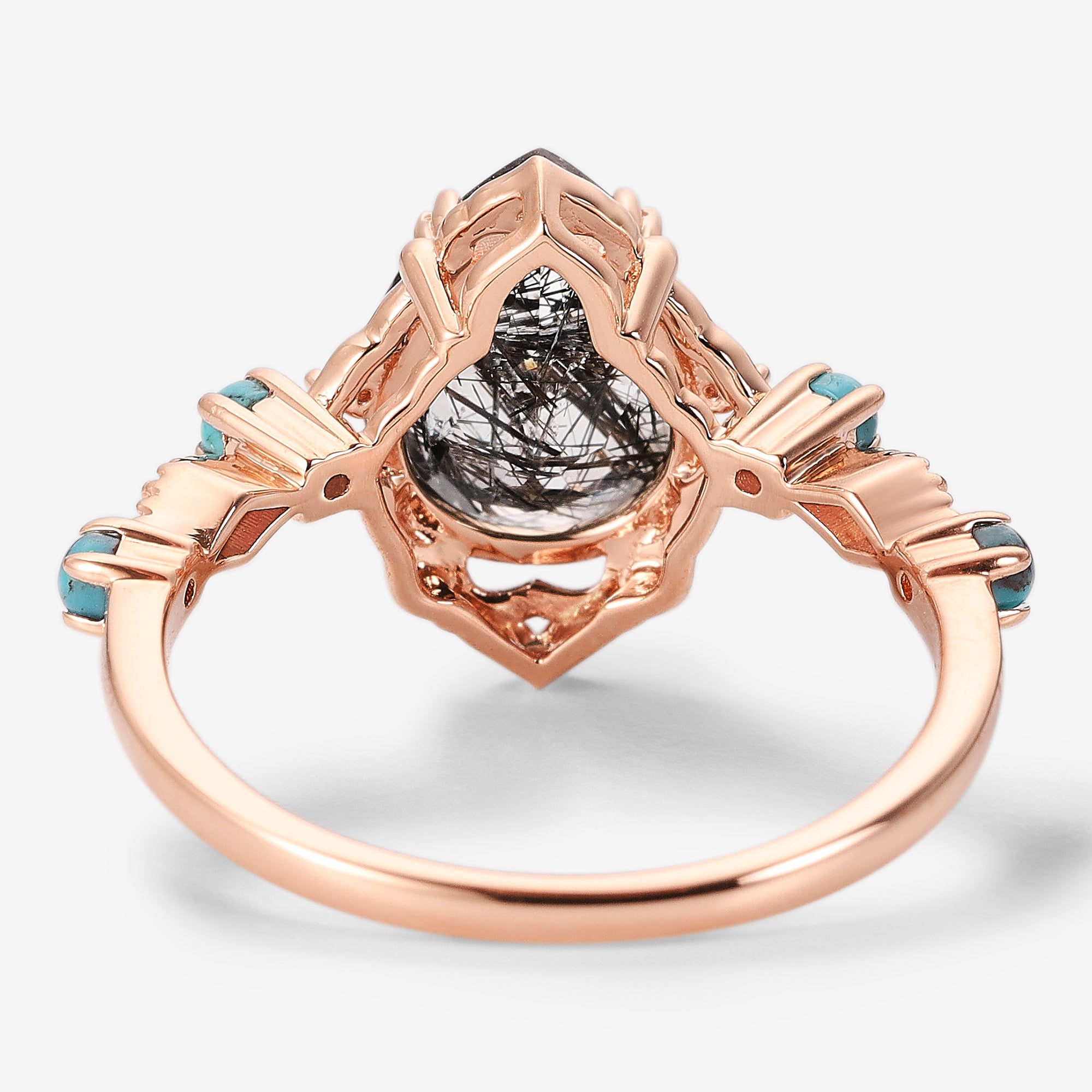 Vintage pear-cut black rutilated quartz engagement ring with turquoise accents, rose gold band, bridal set.
