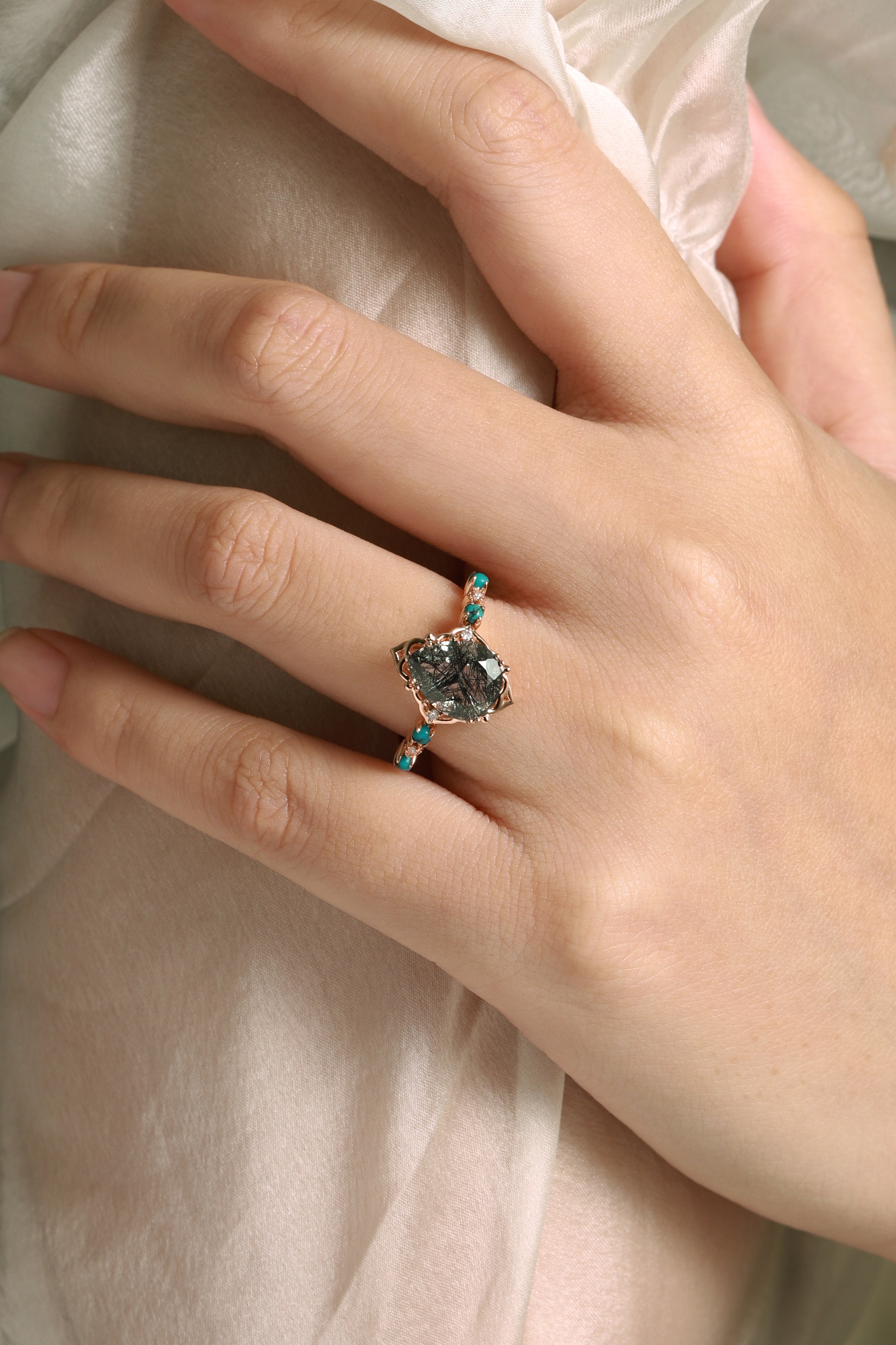 Pear cut black rutilated quartz engagement ring, rose gold, turquoise accents, vintage style, wedding ring