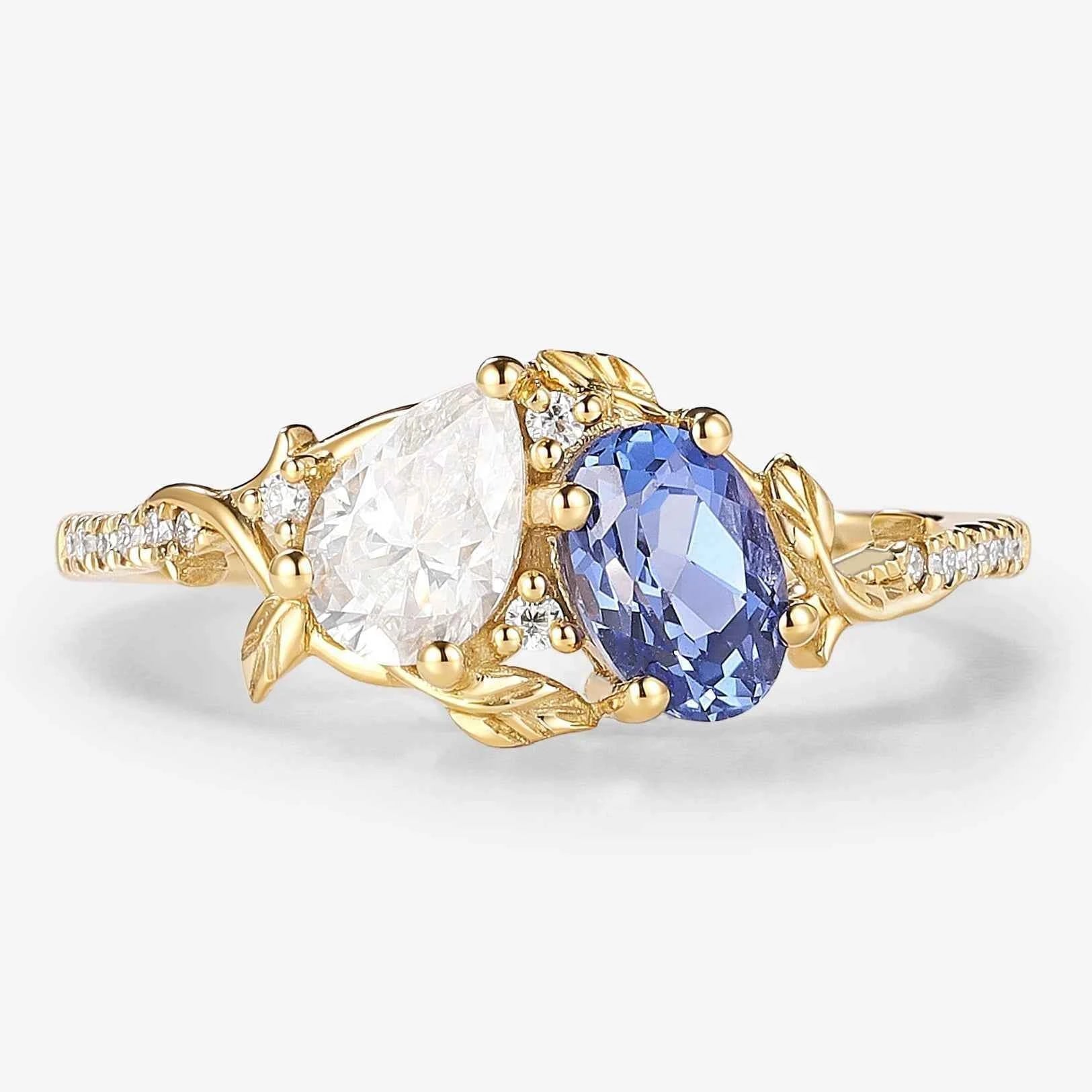 Nature-Inspired Leaf 2 Stone Ring Pear & Oval Cut Engagement Ring