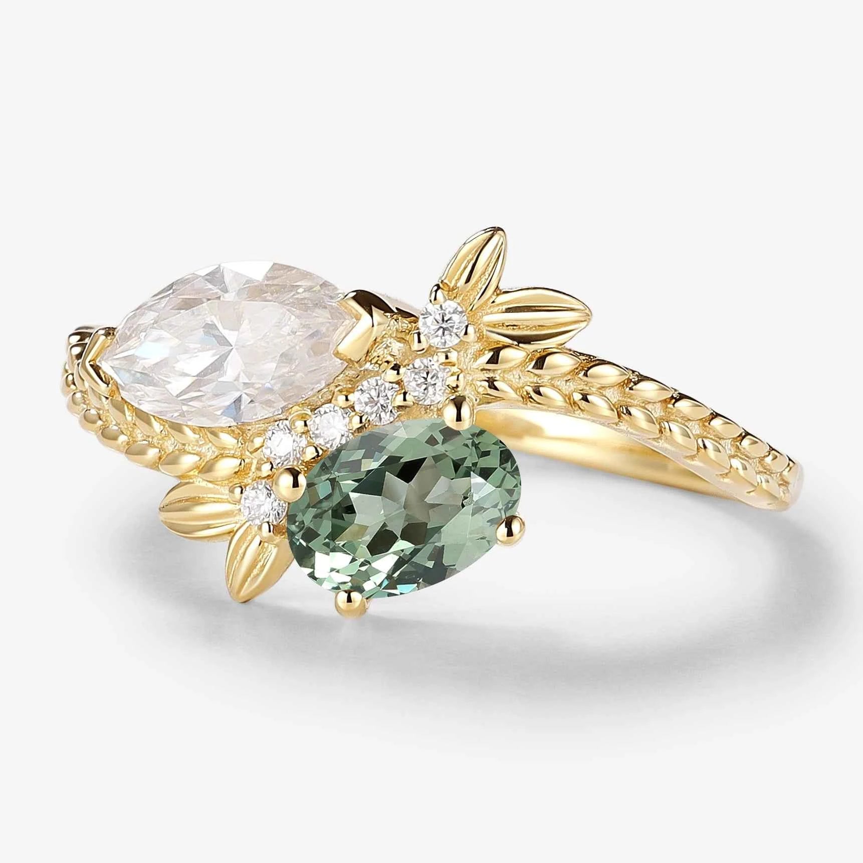 Natural Inspired Toi et Moi 2 Stone Ring Marquise Moissanite & Oval Green Sapphire Engagement Ring