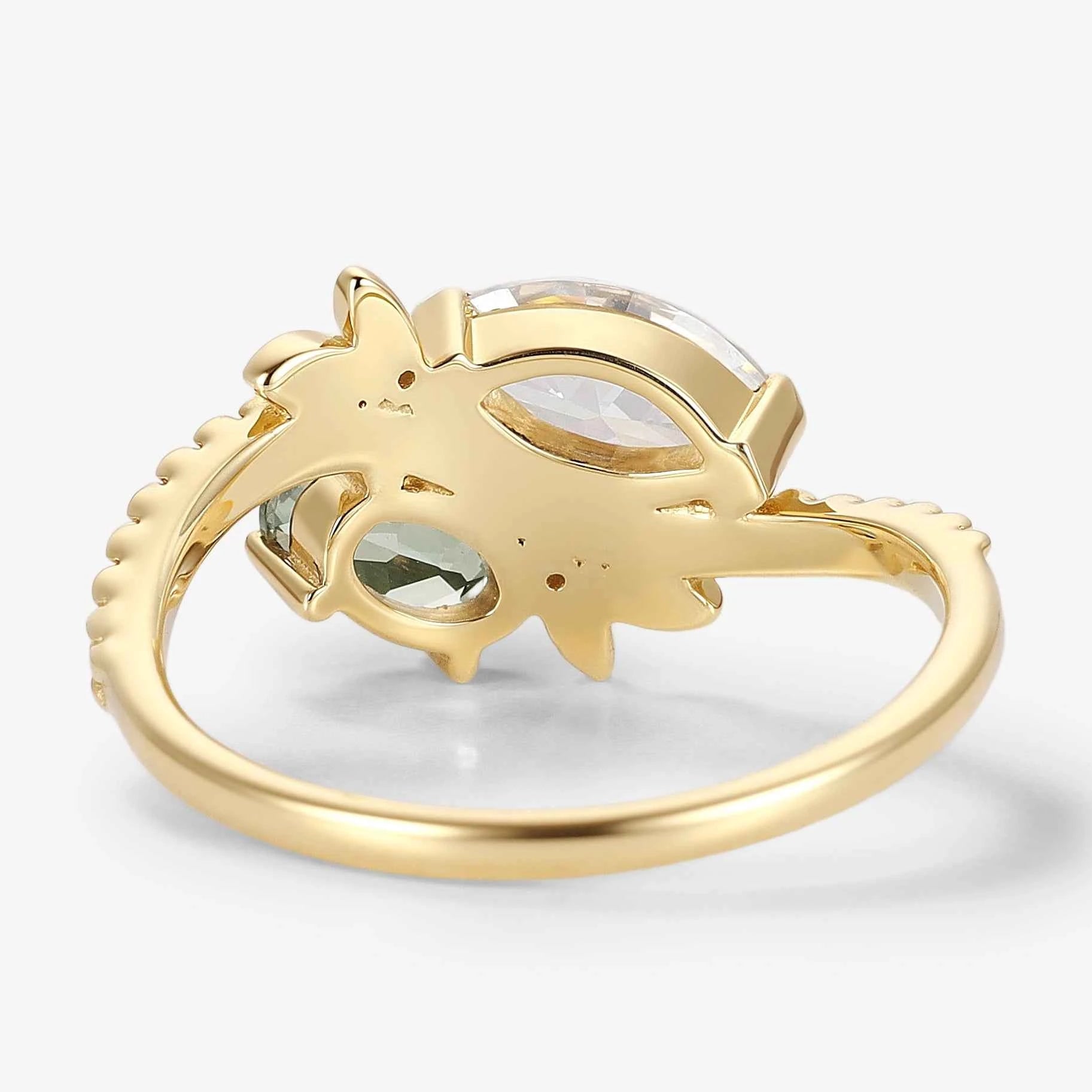 Natural Inspired Toi et Moi 2 Stone Ring Marquise Moissanite & Oval Green Sapphire Engagement Ring